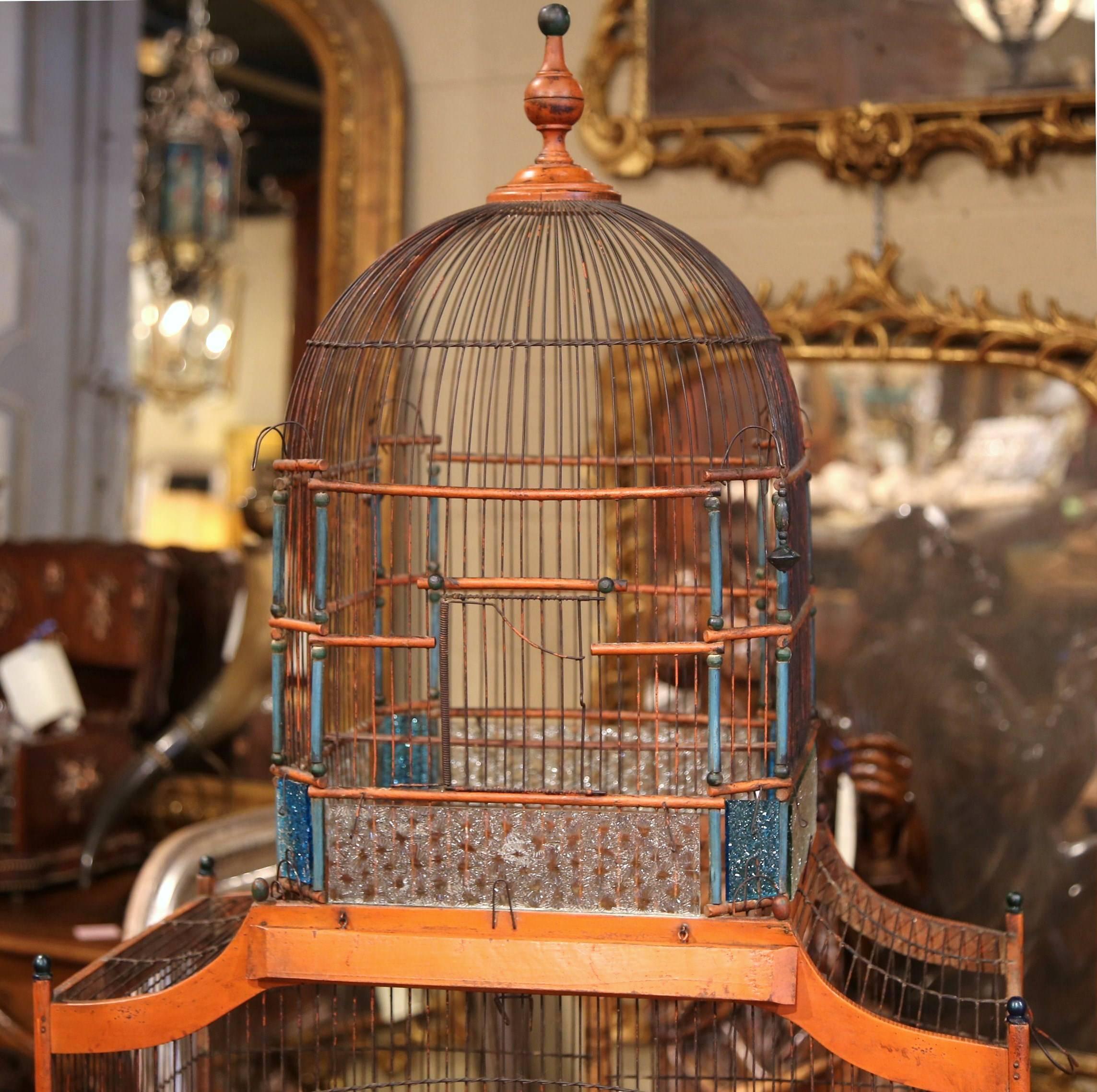 Hand-Carved Large 19th Century French Hand-Painted Carved and Wired Birdcage with Dome Top