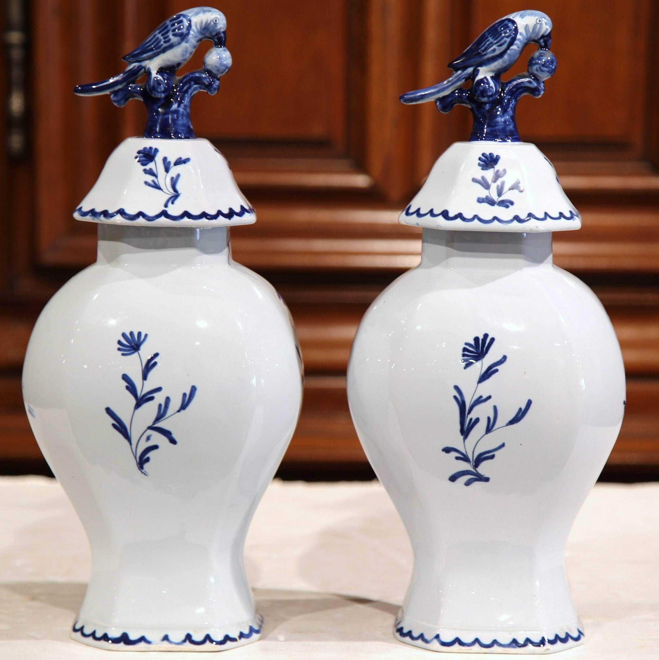 Faience Pair of Early 20th Century Blue and White Porcelain Delft Vases with Lids