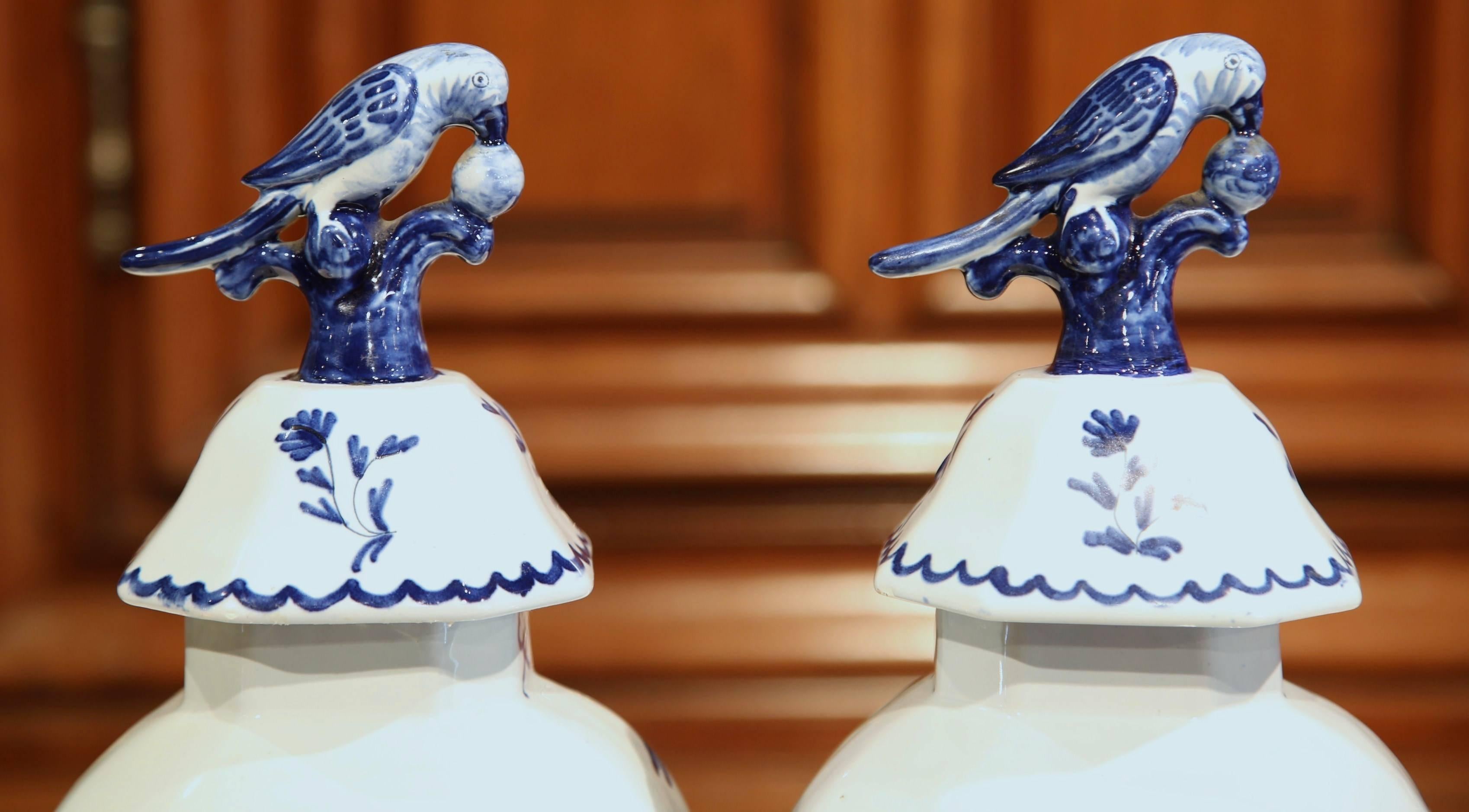 Pair of Early 20th Century Blue and White Porcelain Delft Vases with Lids 2