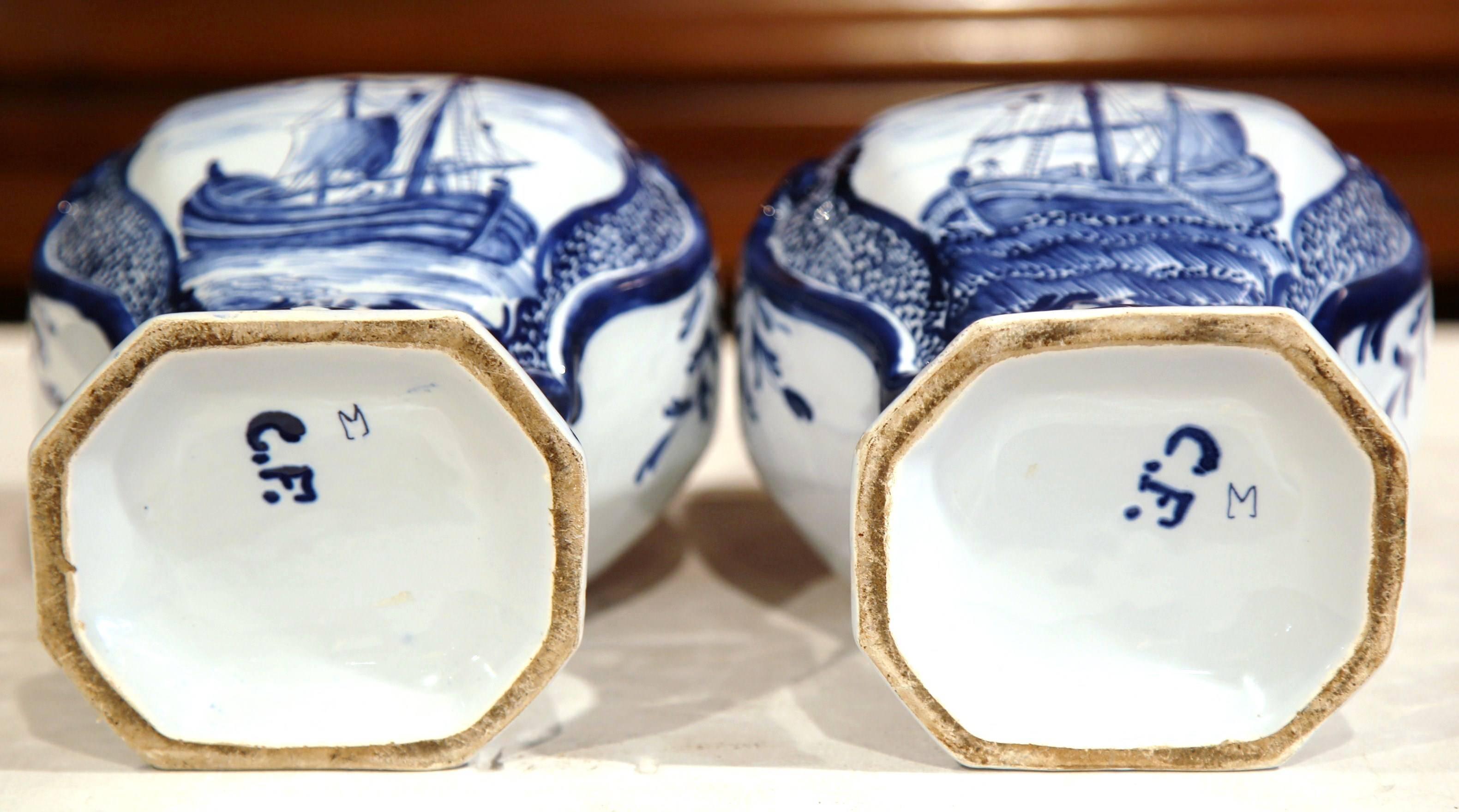 Pair of Early 20th Century Blue and White Porcelain Delft Vases with Lids 3