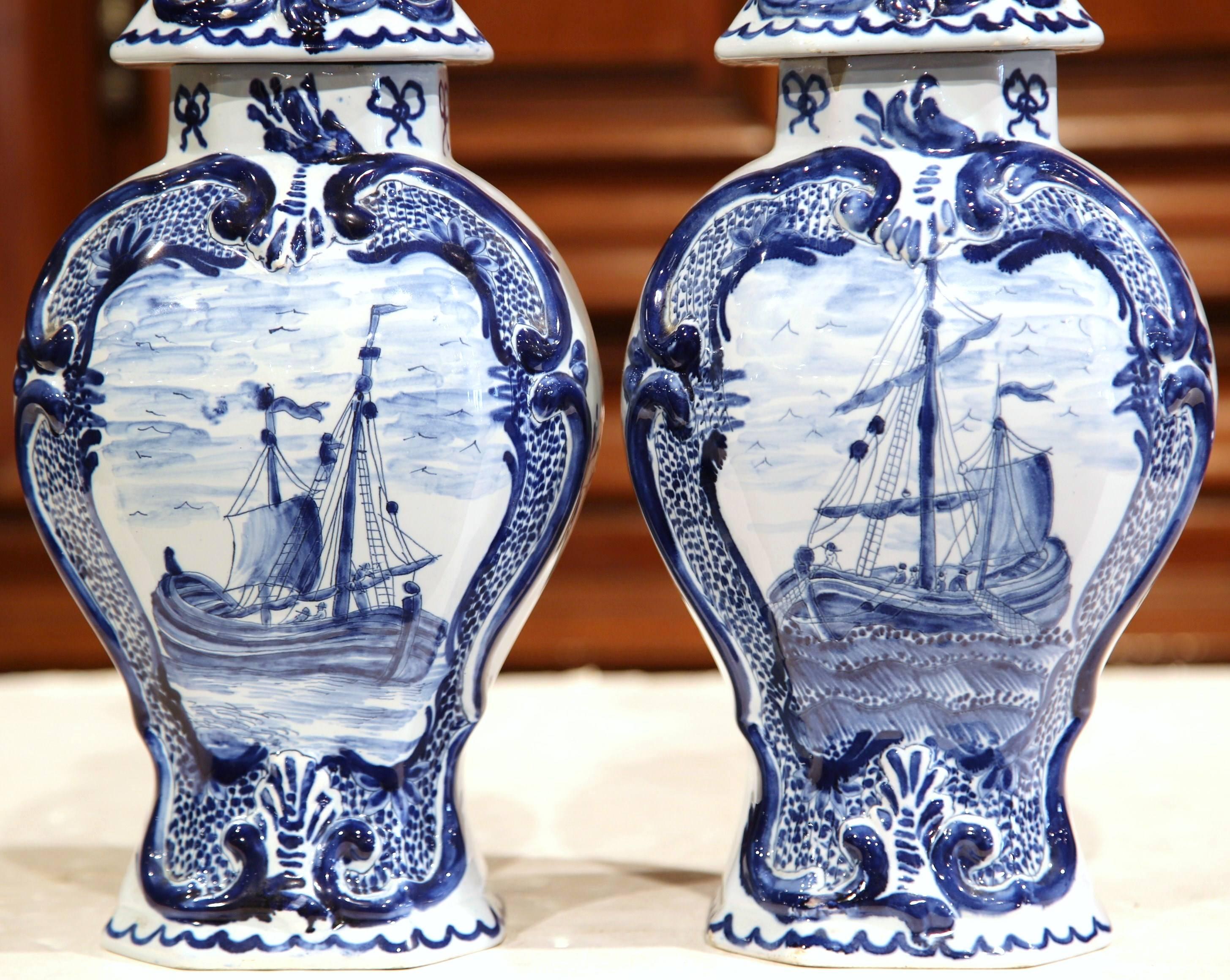 French Pair of Early 20th Century Blue and White Porcelain Delft Vases with Lids