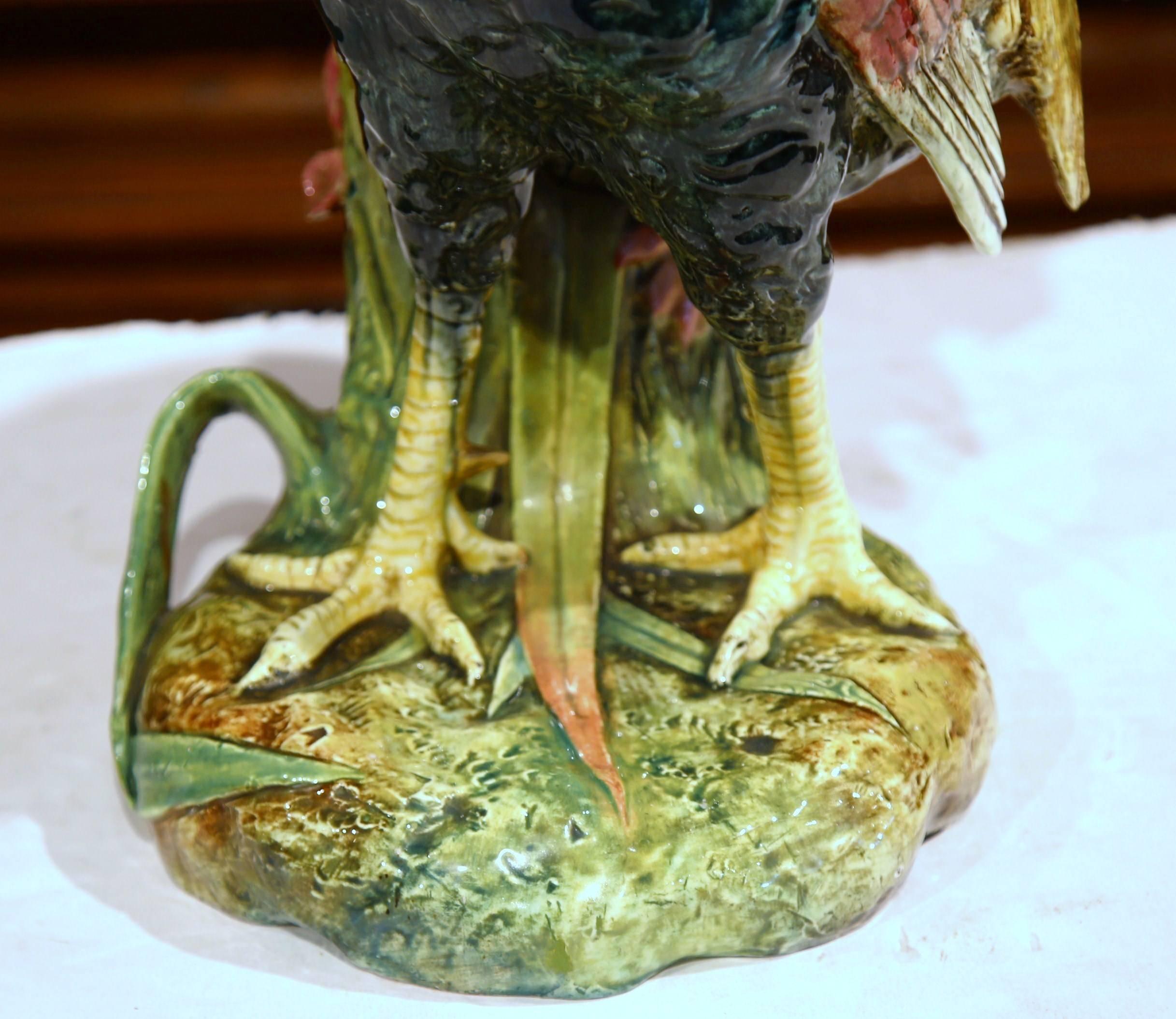 Large 19th Century French Painted Barbotine Rooster Vase Signed Delphin Massier 1