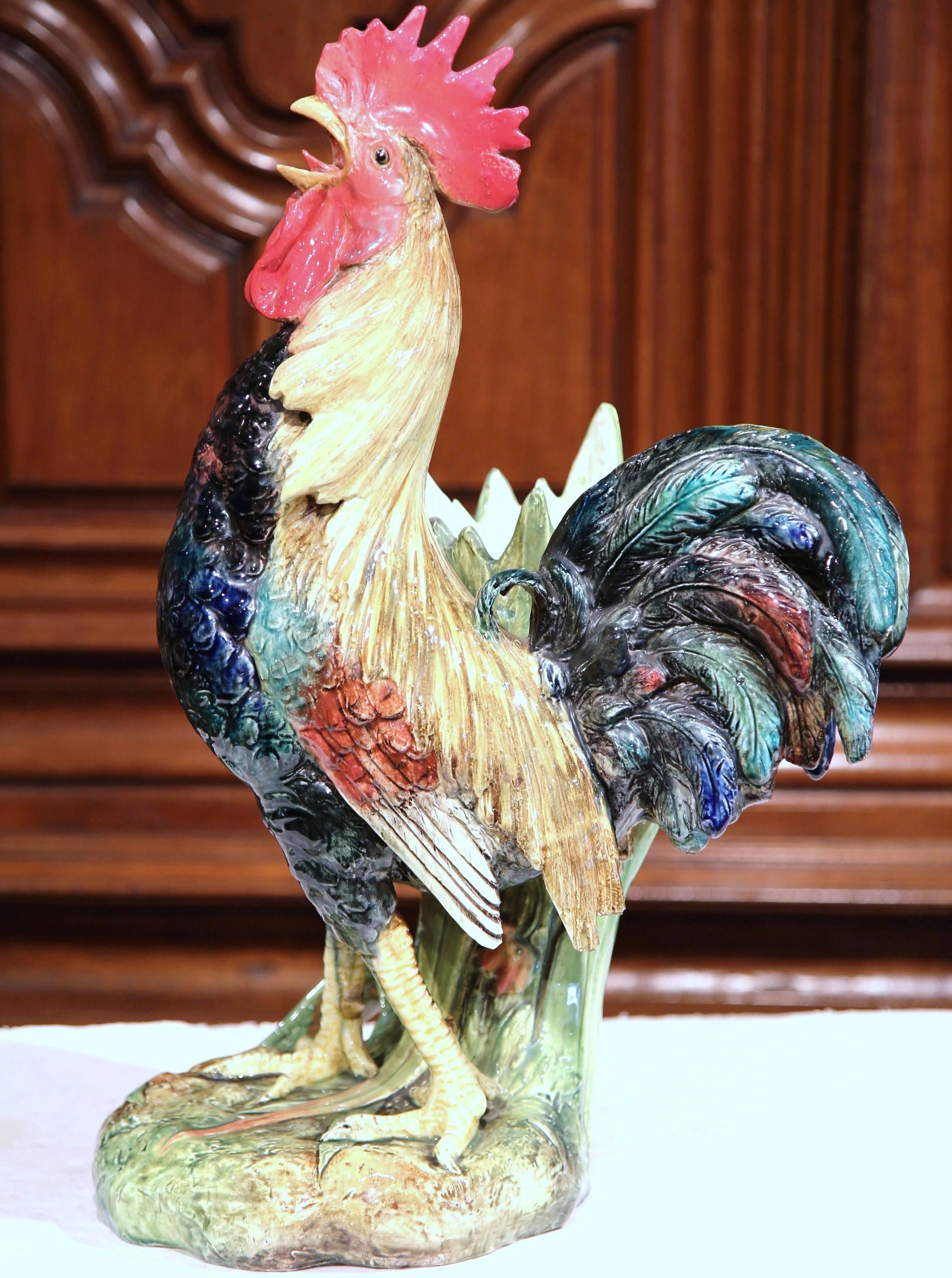 Hand-Crafted Large 19th Century French Painted Barbotine Rooster Vase Signed Delphin Massier