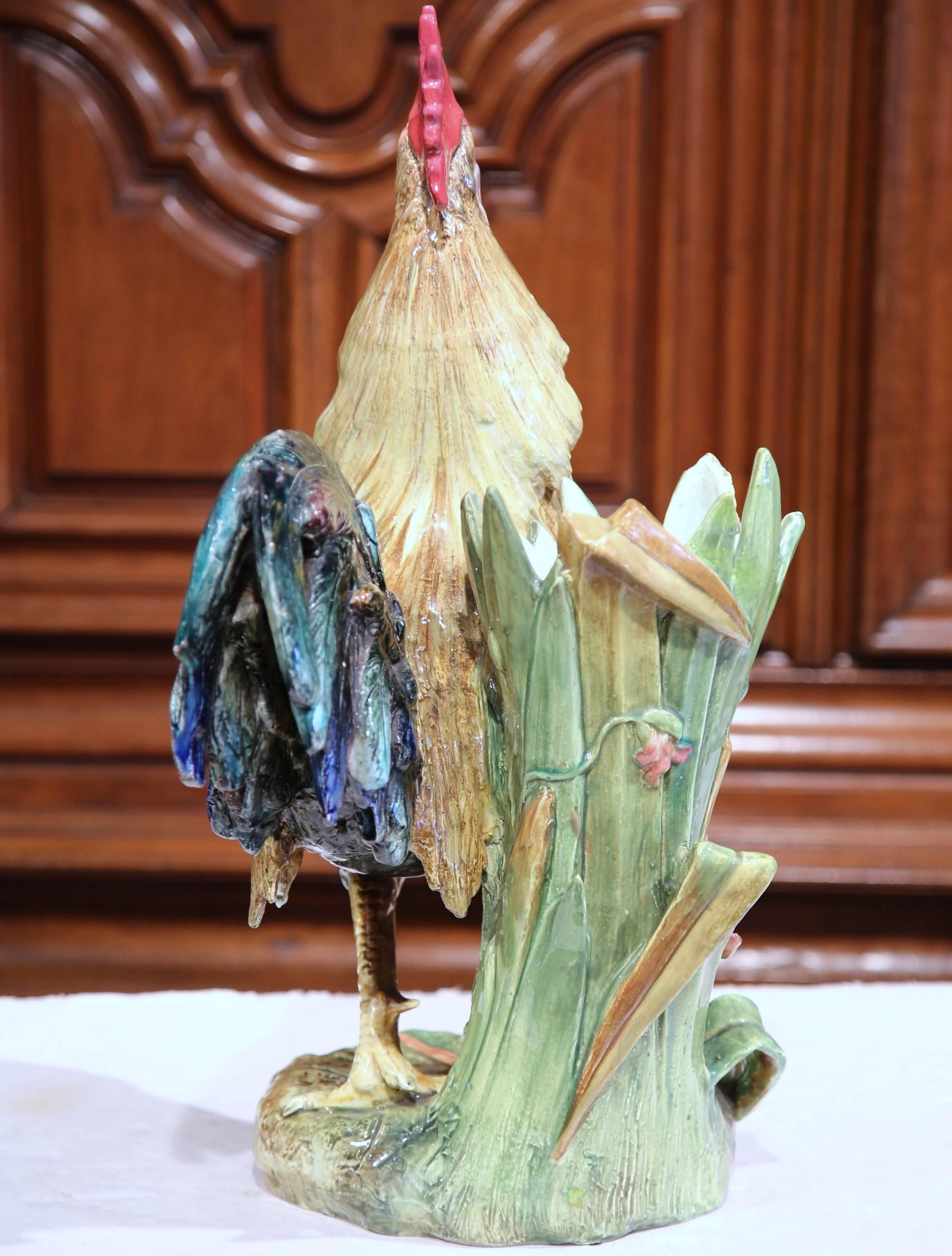 Large 19th Century French Painted Barbotine Rooster Vase Signed Delphin Massier In Excellent Condition In Dallas, TX