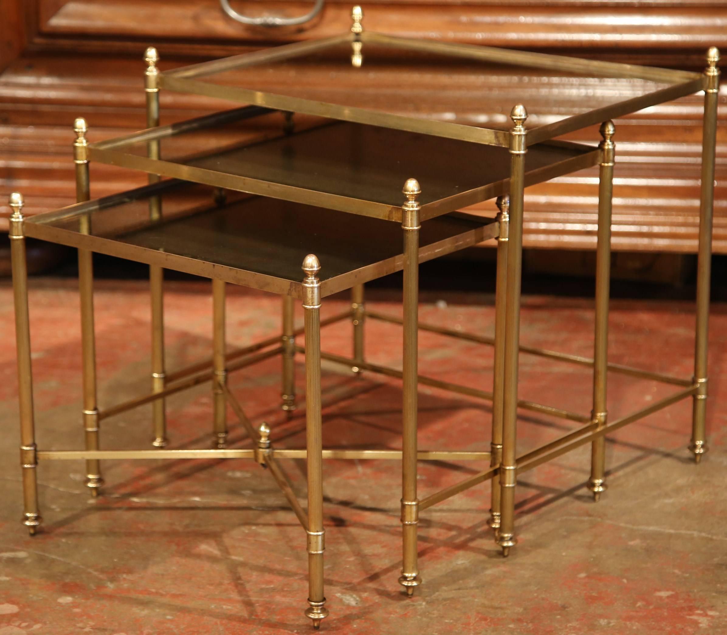 Set of Early 20th Century French Brass and Églomisé Nesting Tables In Excellent Condition In Dallas, TX