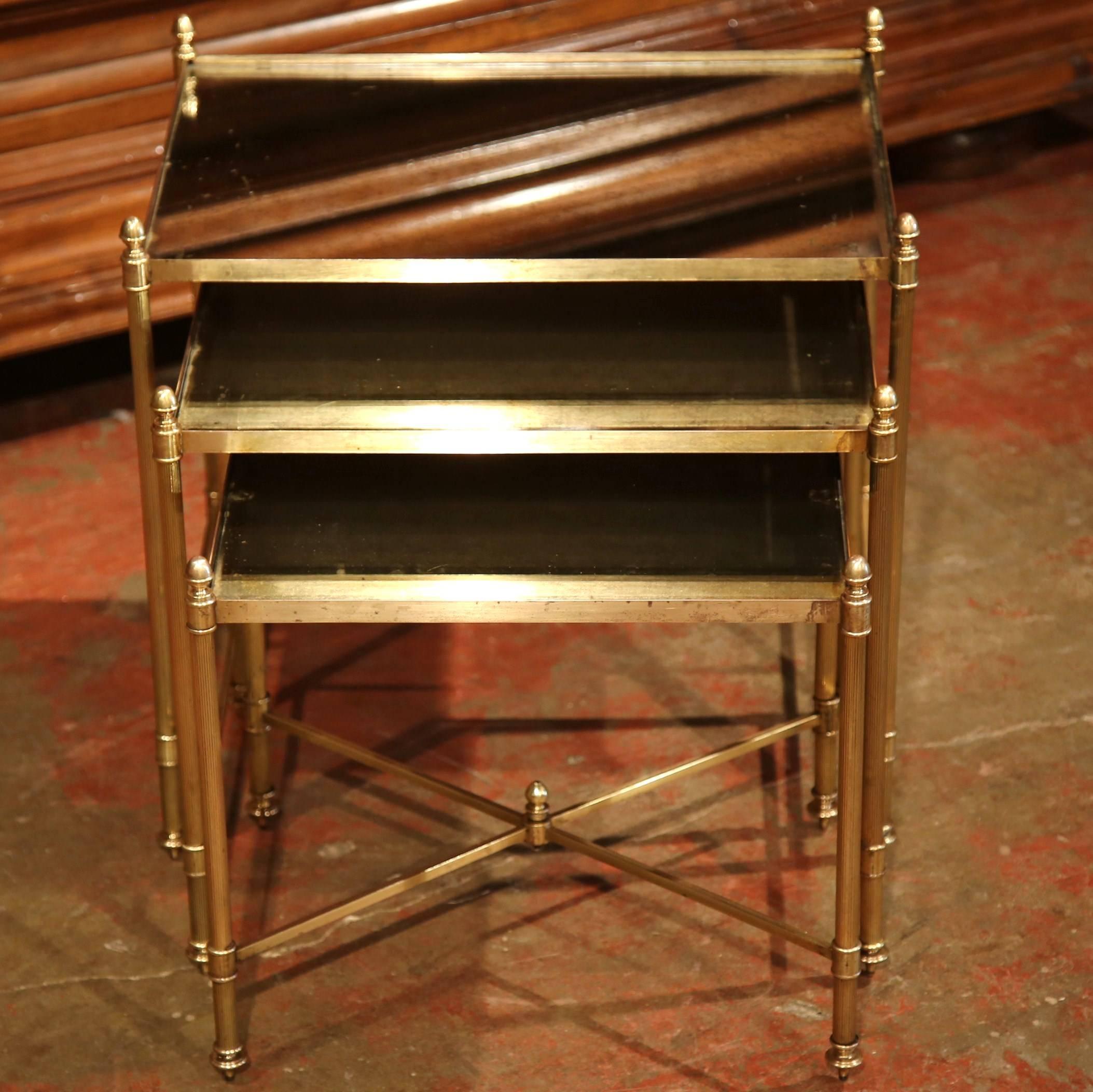 Set of Early 20th Century French Brass and Églomisé Nesting Tables 4