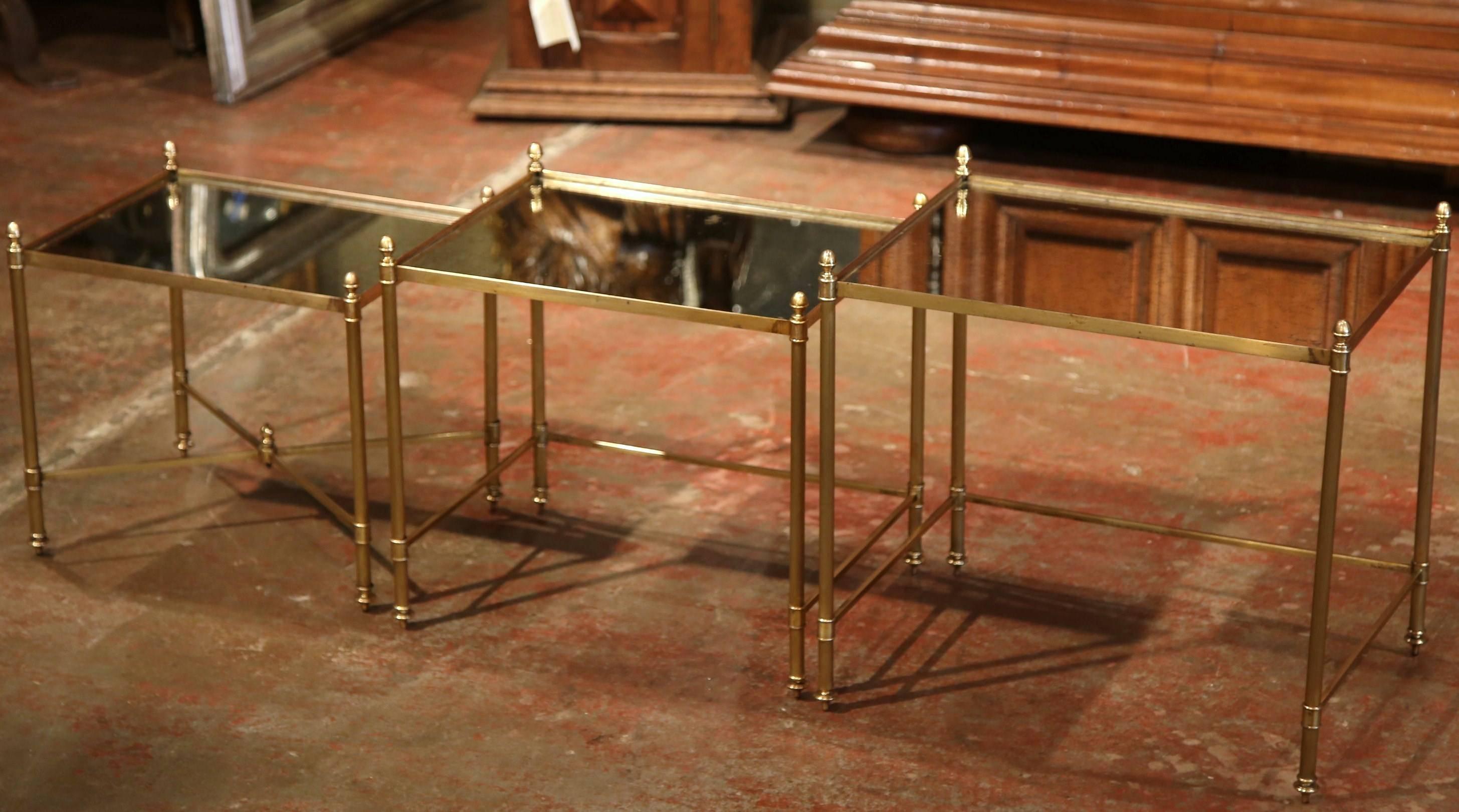 Neoclassical Set of Early 20th Century French Brass and Églomisé Nesting Tables