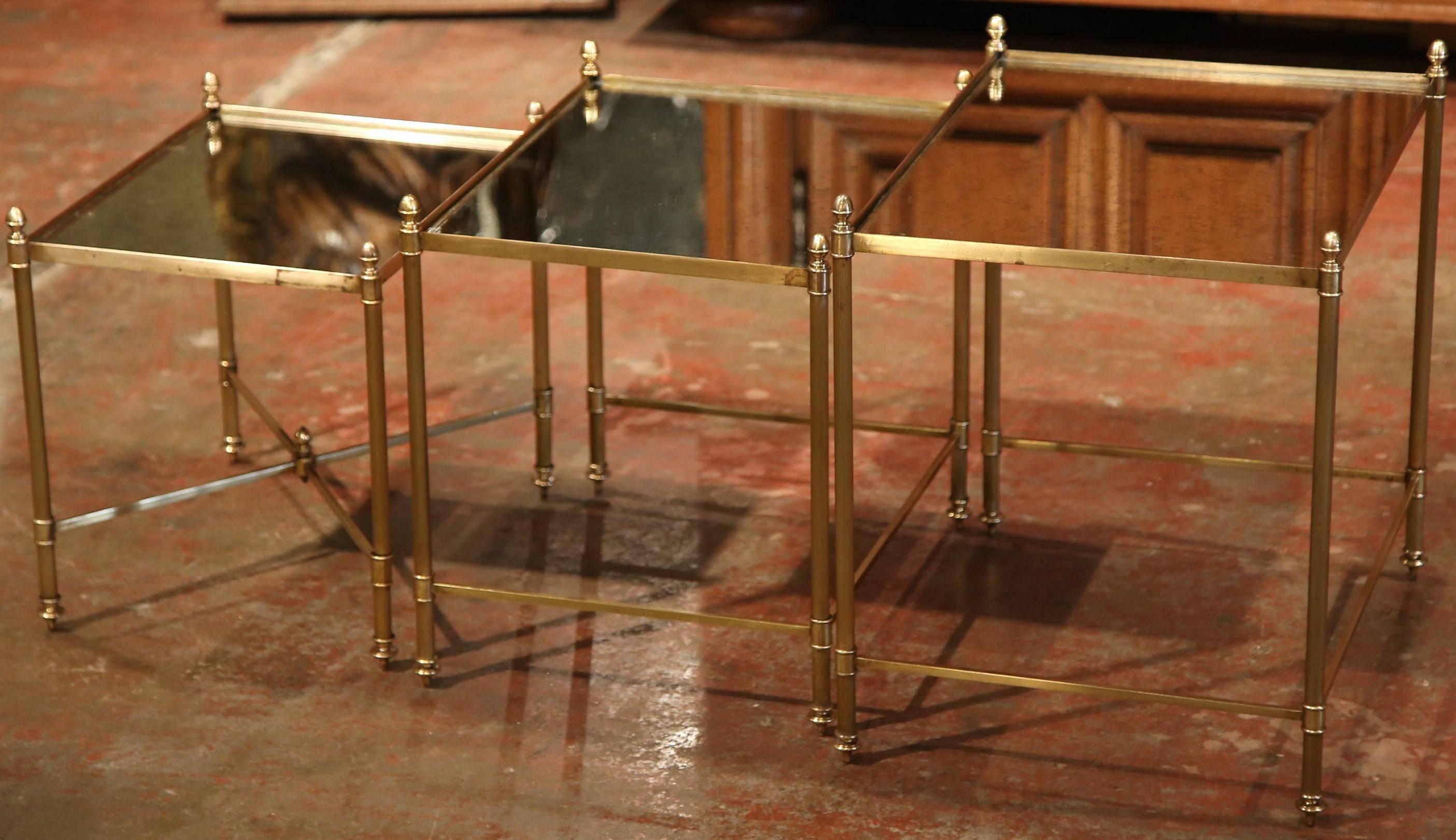 Hand-Crafted Set of Early 20th Century French Brass and Églomisé Nesting Tables
