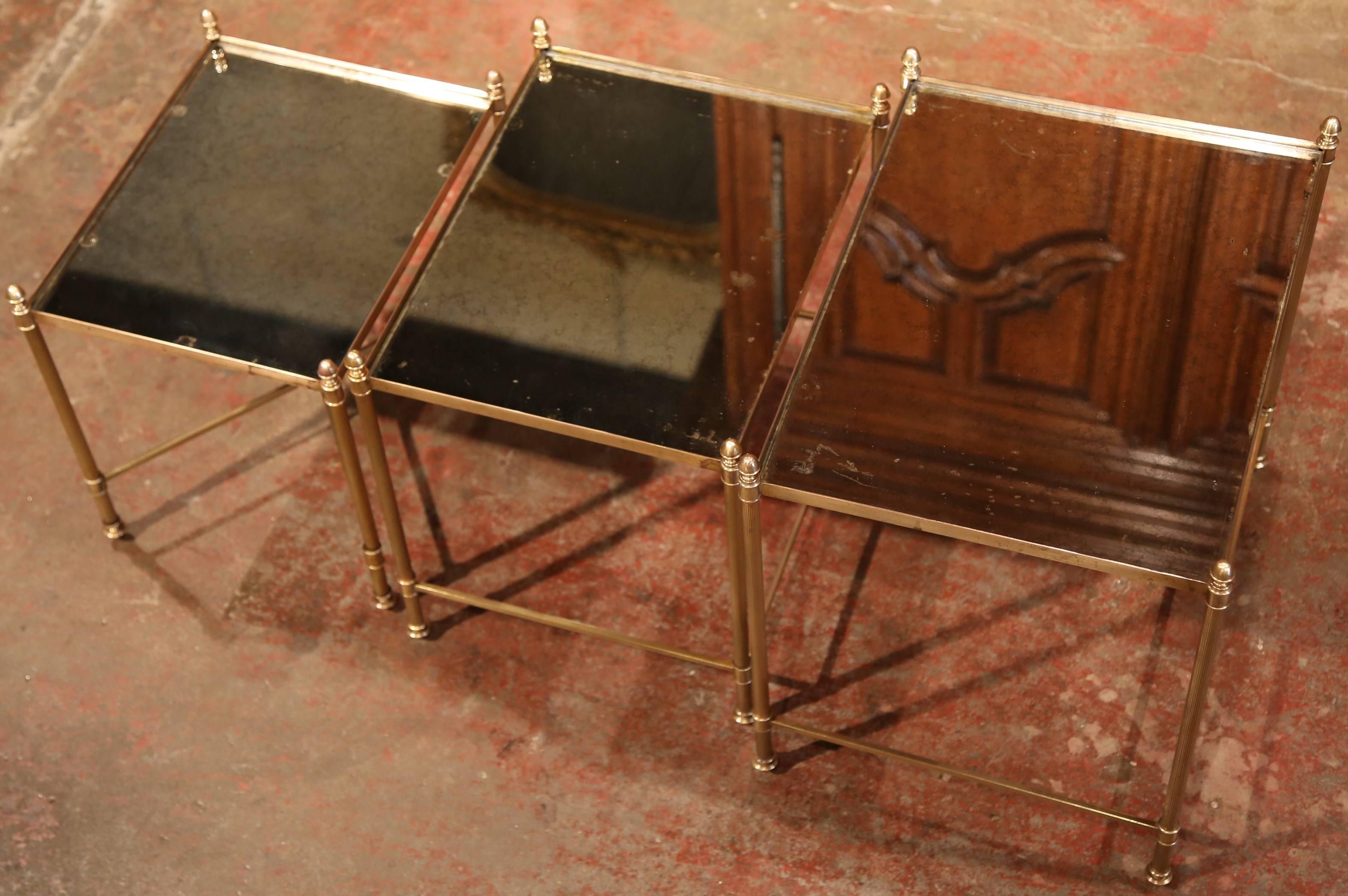 Set of Early 20th Century French Brass and Églomisé Nesting Tables 1
