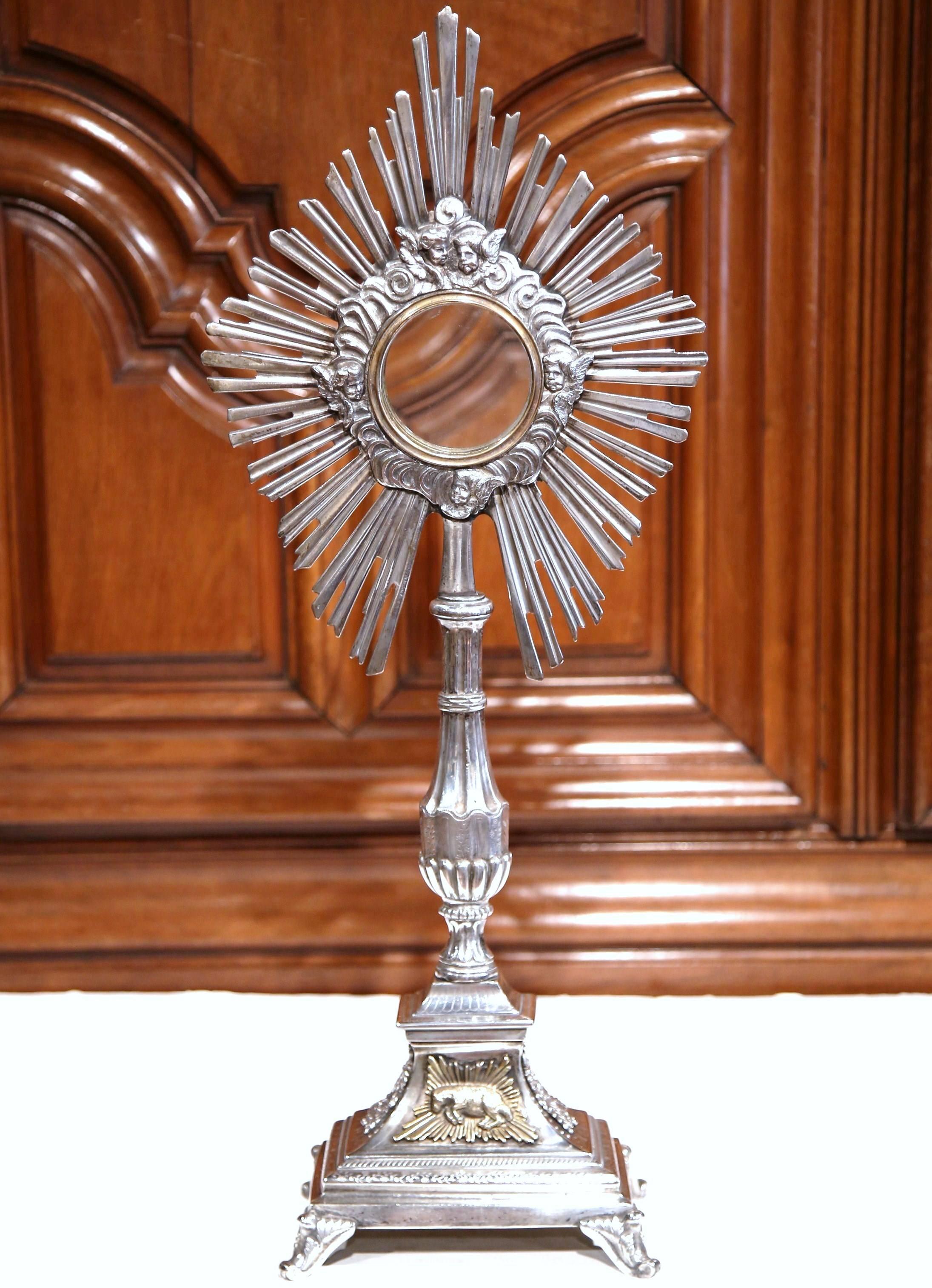 Hand-Crafted 18th Century French Bronze Silvered Catholic Monstrance with Shining Sun