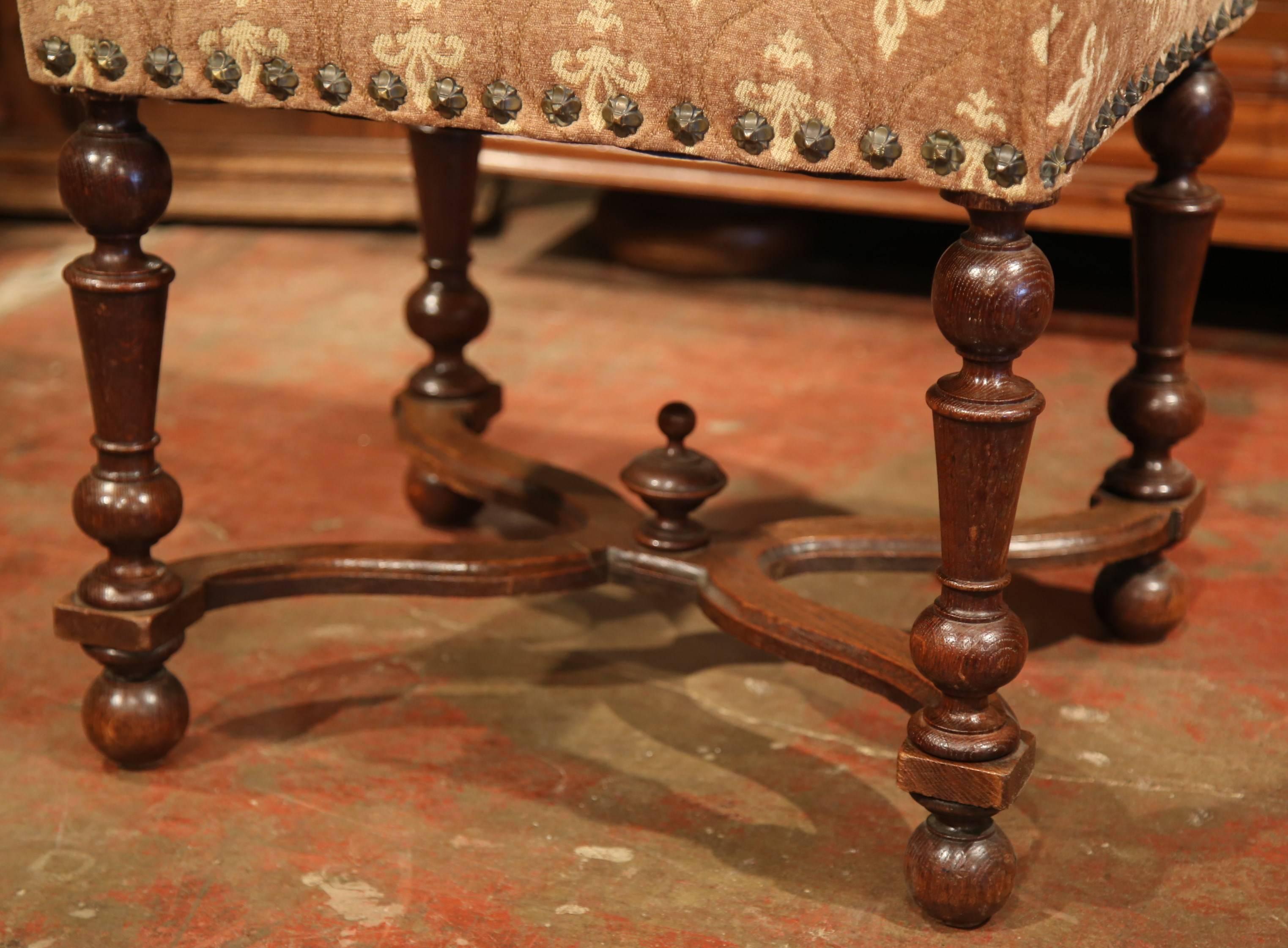 Louis XIII 19th Century French Louis III Carved Walnut Stool with Fleur-de-Lys Fabric