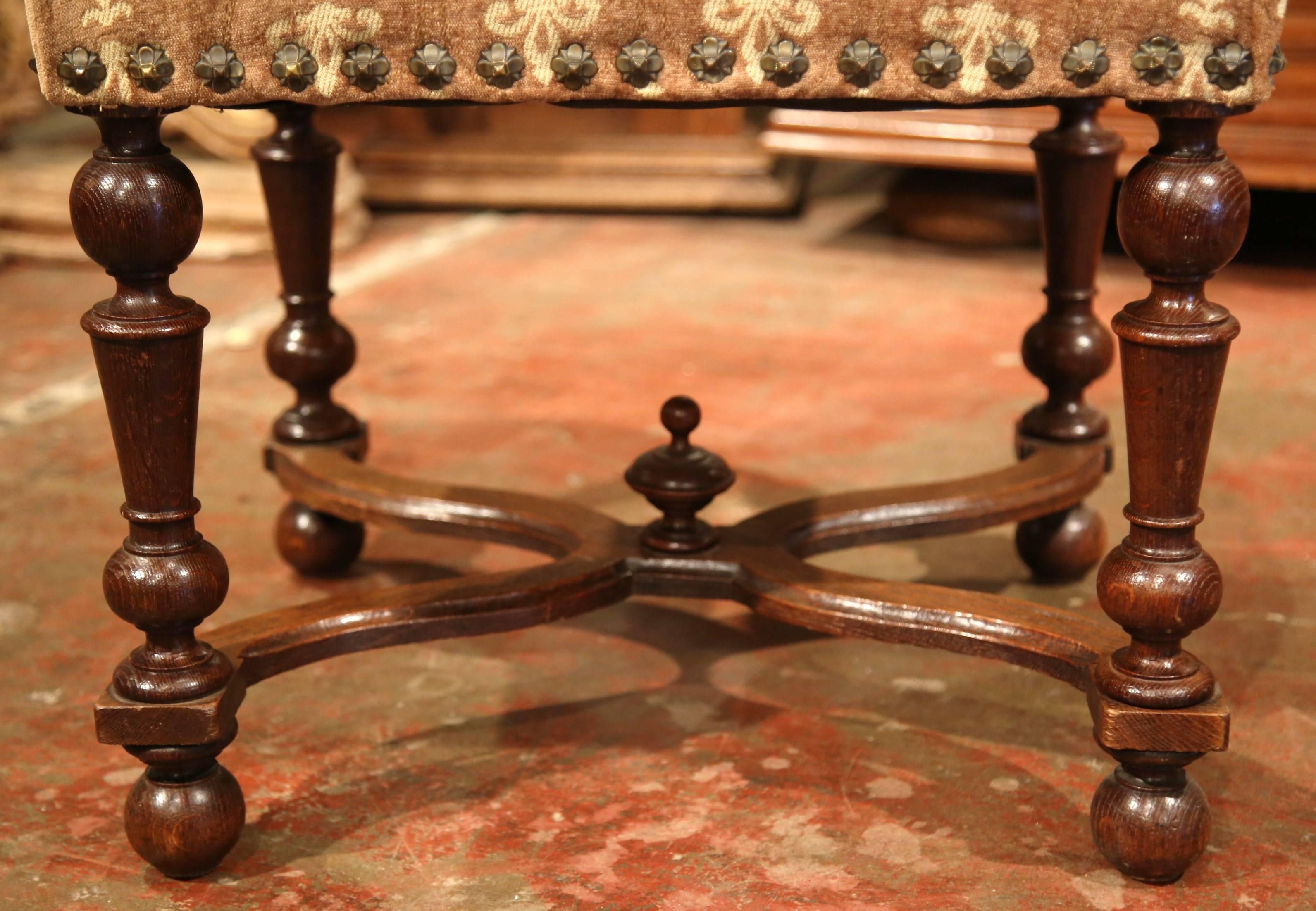 Hand-Carved 19th Century French Louis III Carved Walnut Stool with Fleur-de-Lys Fabric
