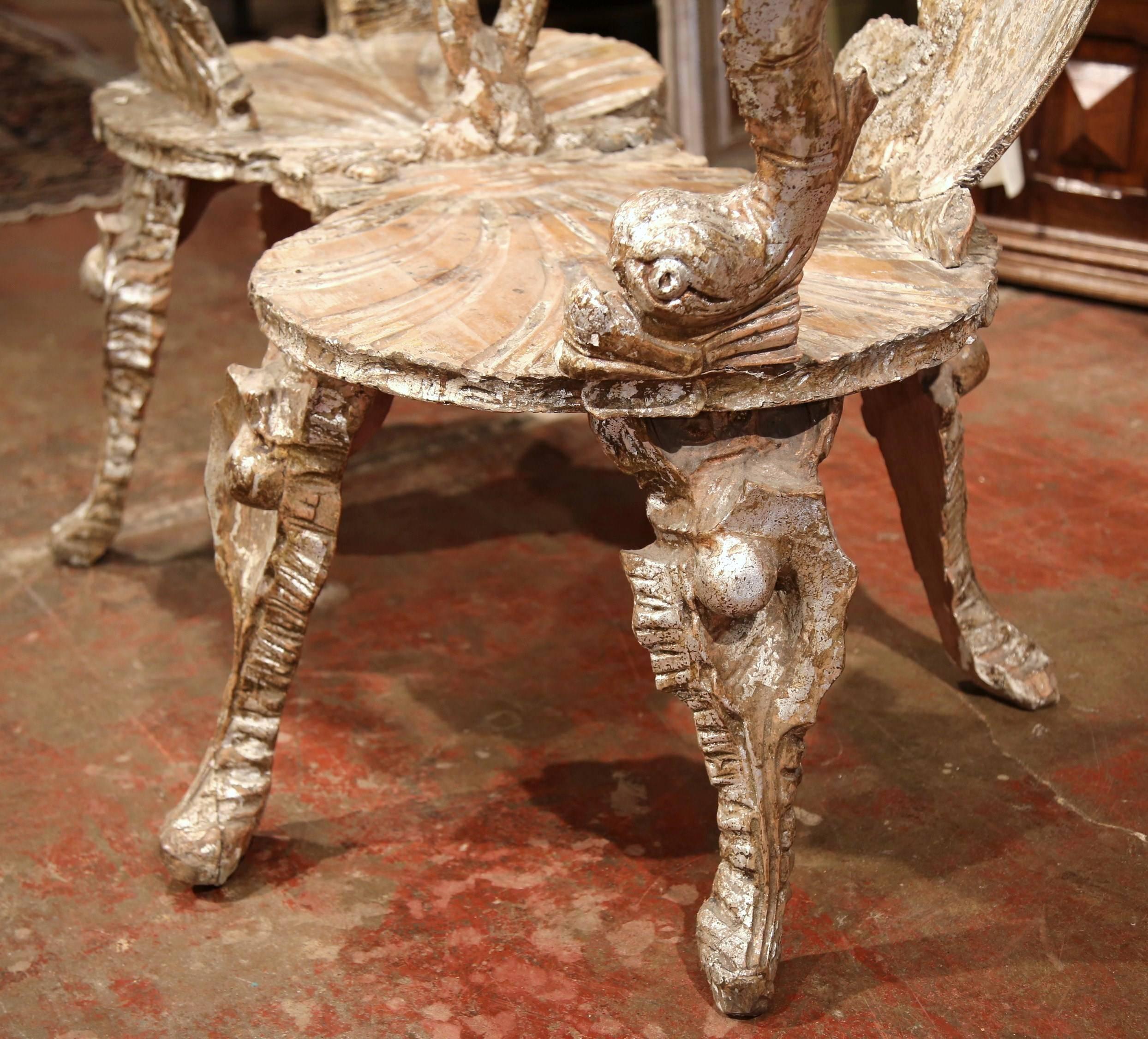 Rococo 18th Century Italian Carved and Painted Grotto Confident Courting Chair