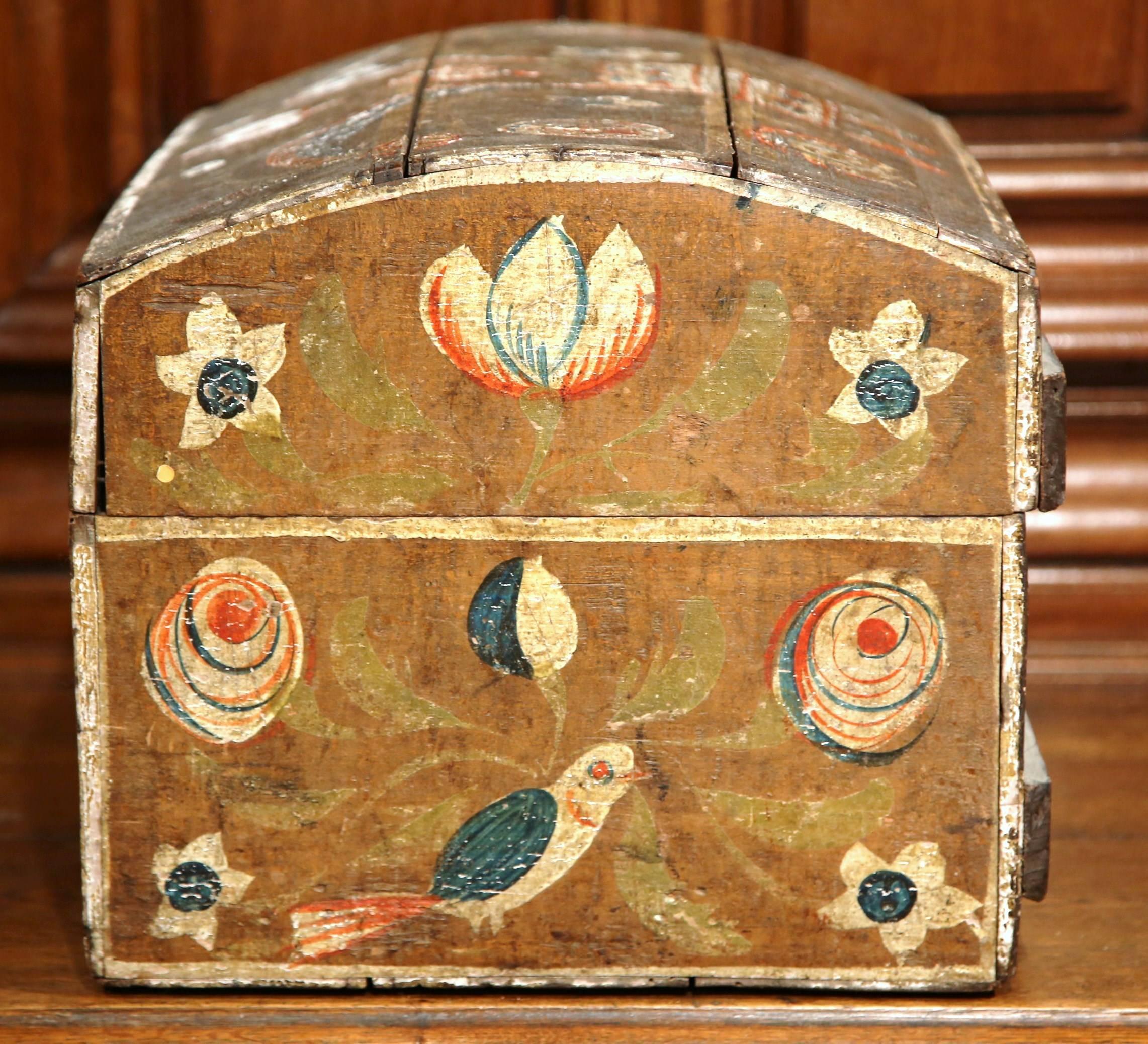 Wood 18th Century French Normandy Painted Decorative Box with Bird and Floral Motifs
