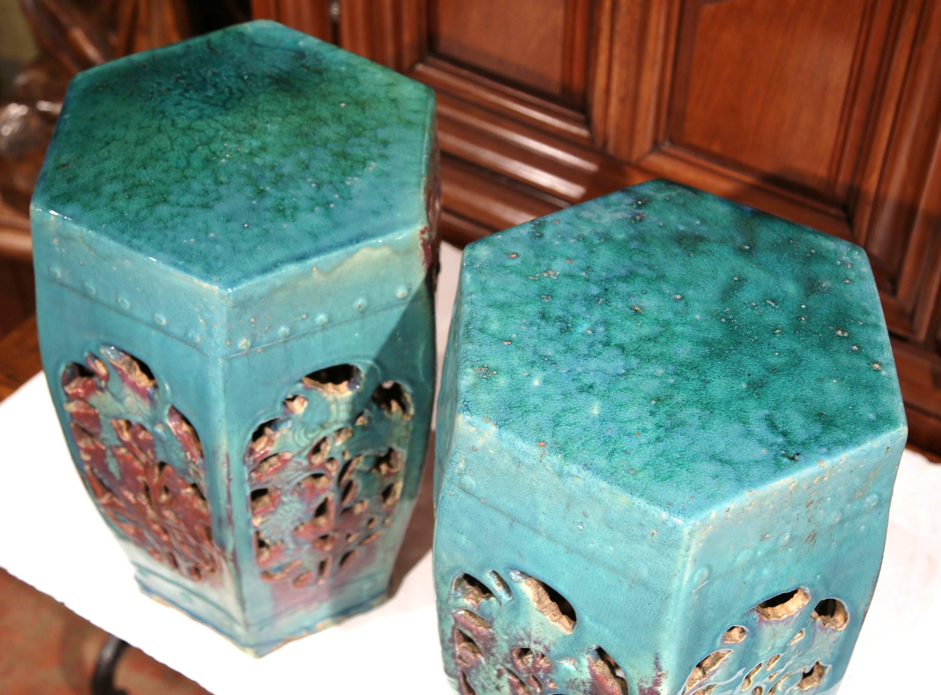 Hand-Painted Early 20th Century Pair of Asian Green Porcelain Garden Stools