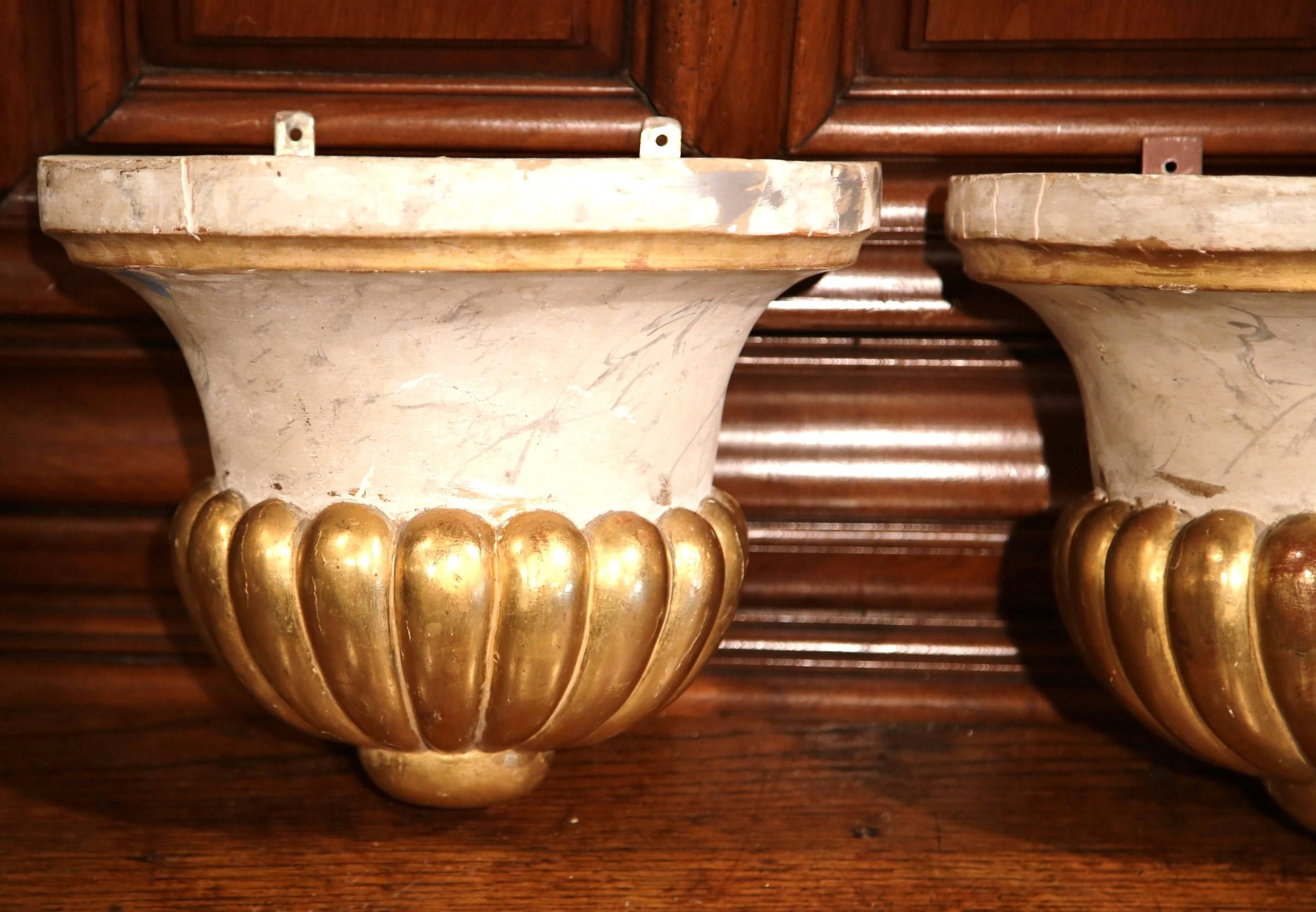 Louis XIV Pair of Early 19th Century French Carved Painted and Gilt Wall Corbels