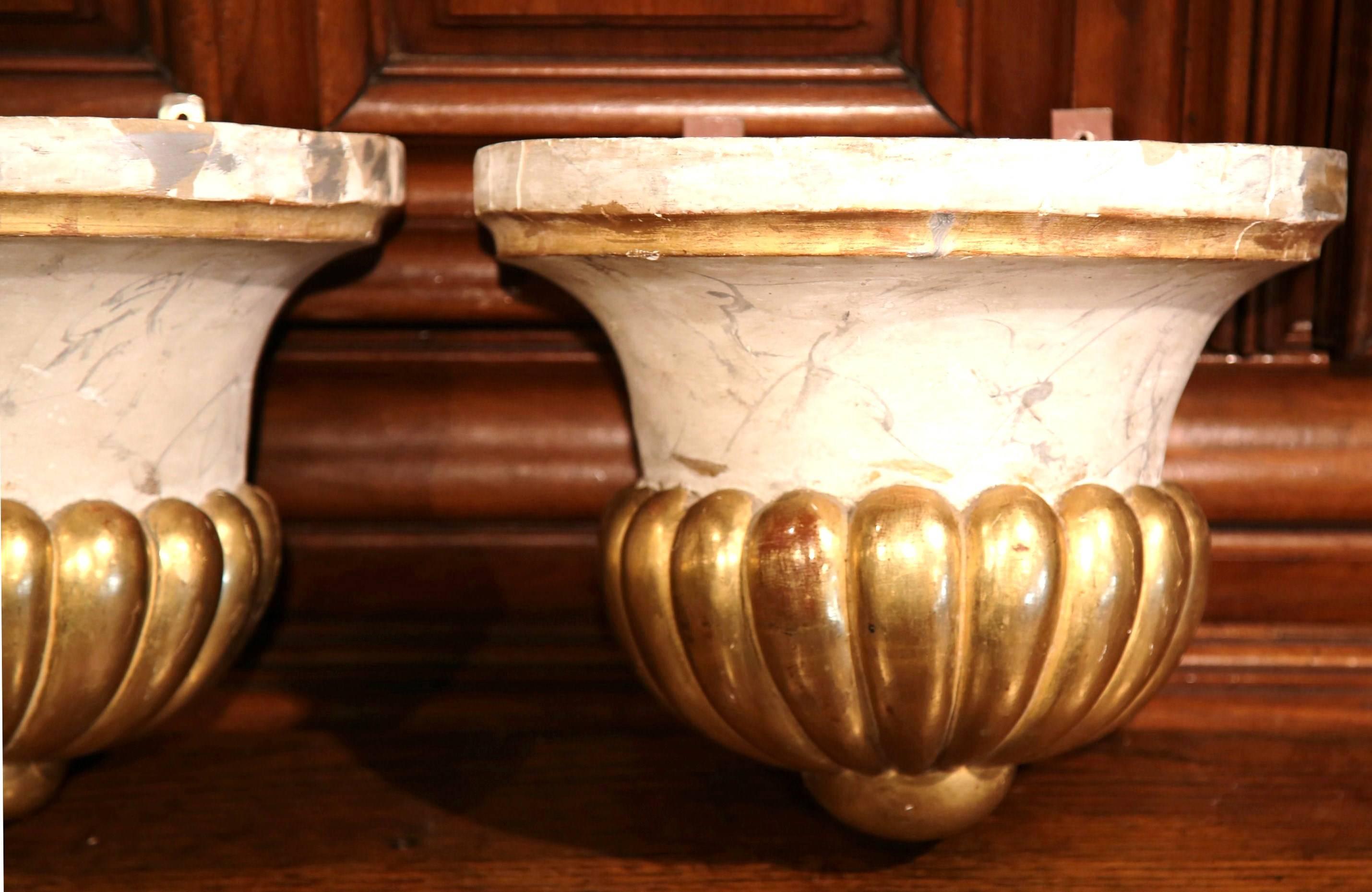 Hand-Carved Pair of Early 19th Century French Carved Painted and Gilt Wall Corbels