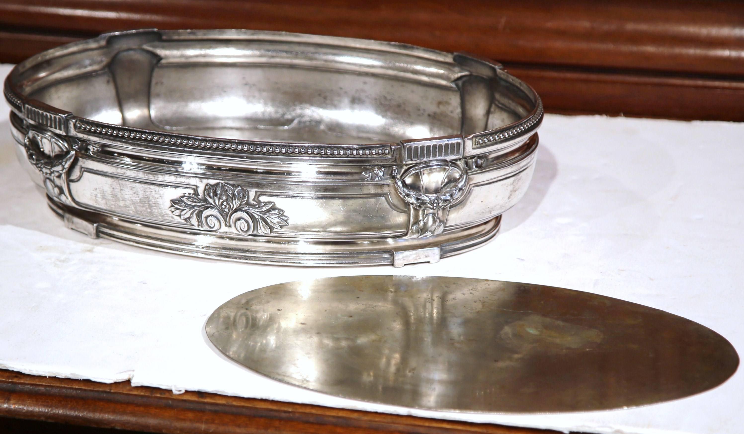 19th Century French Louis XVI Silver Plated Oval Jardinière with Repousse Decor 2