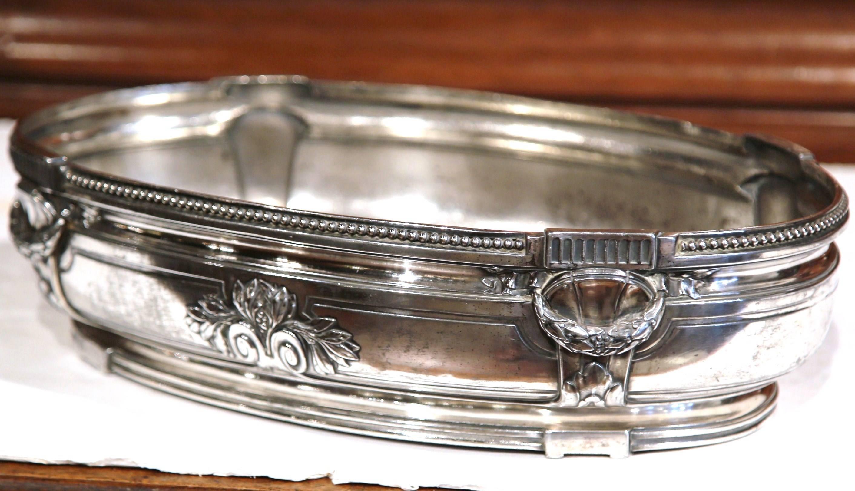 19th Century French Louis XVI Silver Plated Oval Jardinière with Repousse Decor In Excellent Condition In Dallas, TX