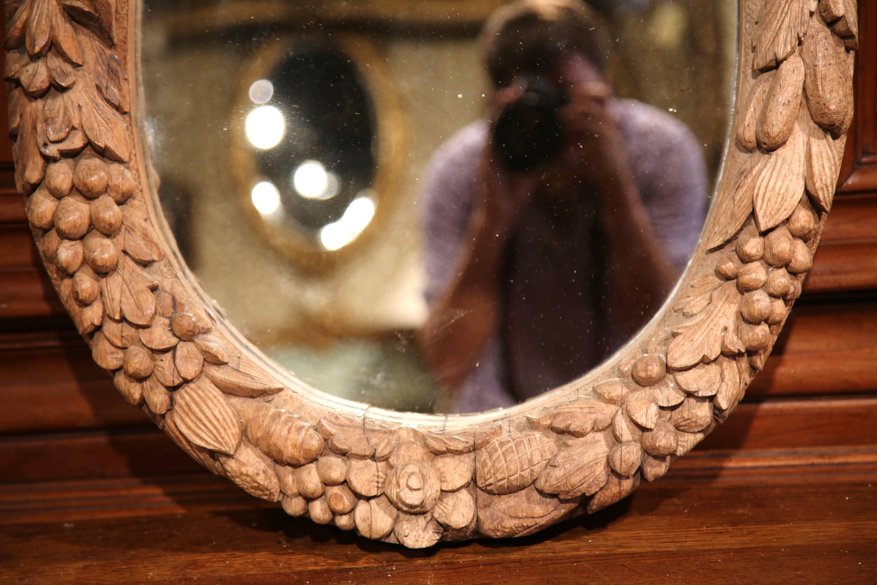 Hand-Carved 19th Century French Carved Oak Oval Mirror with Fruit and Leaves