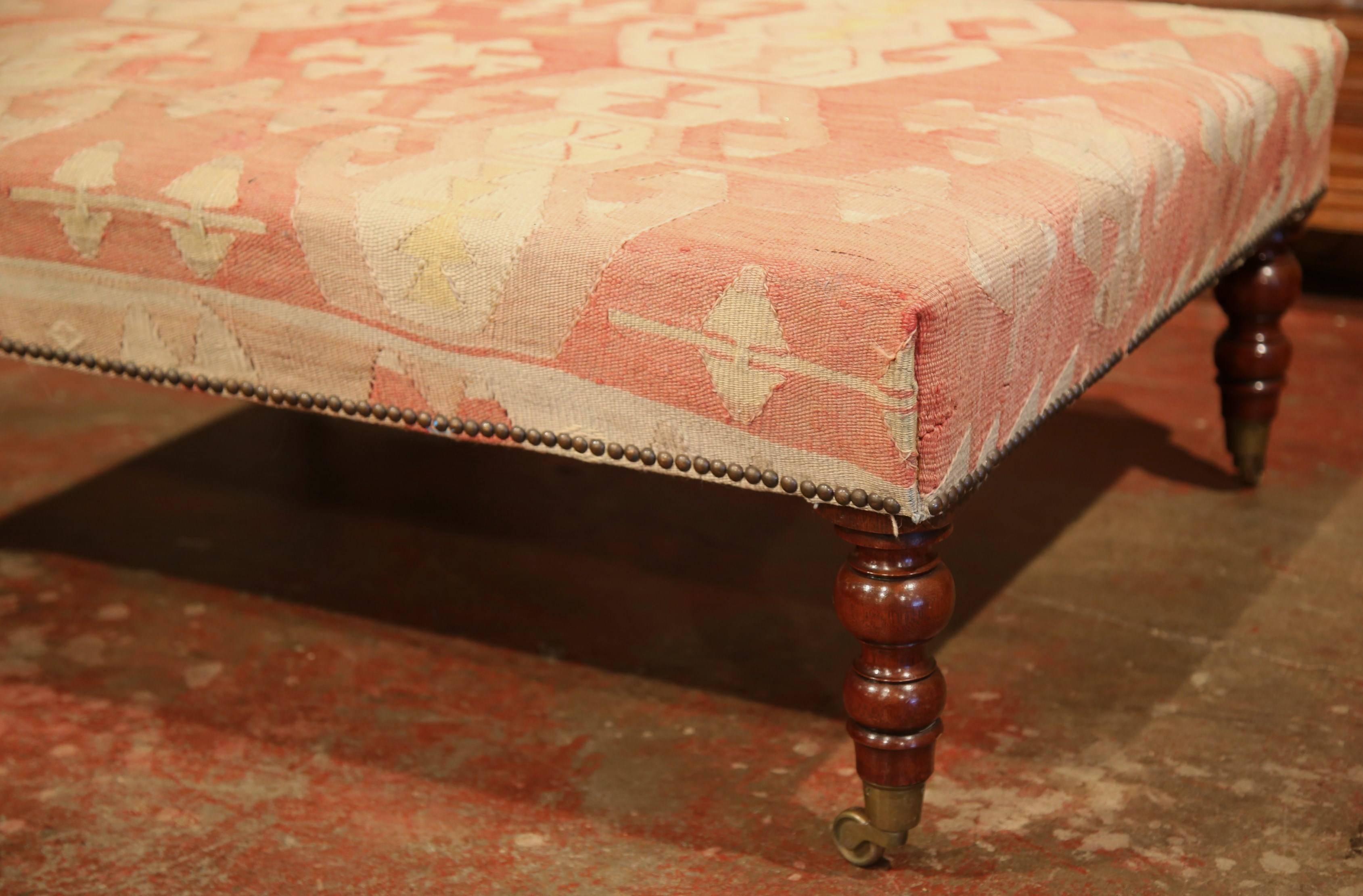 Large 19th Century, French, Louis Philippe Walnut Ottoman with Kilim Tapestry 2