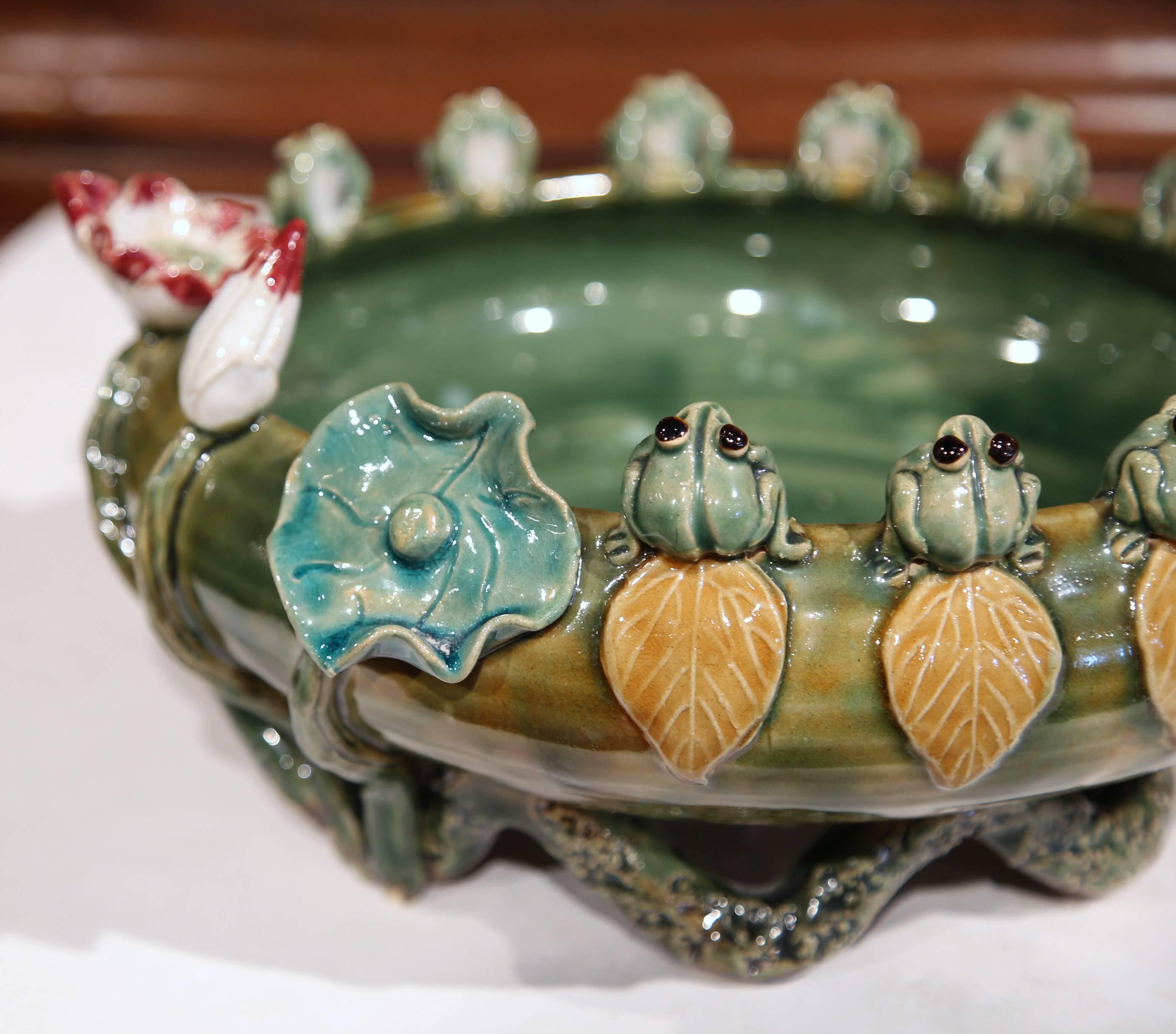 Contemporary French Hand-Painted Barbotine Dish with Frogs, Flowers and Waterlily