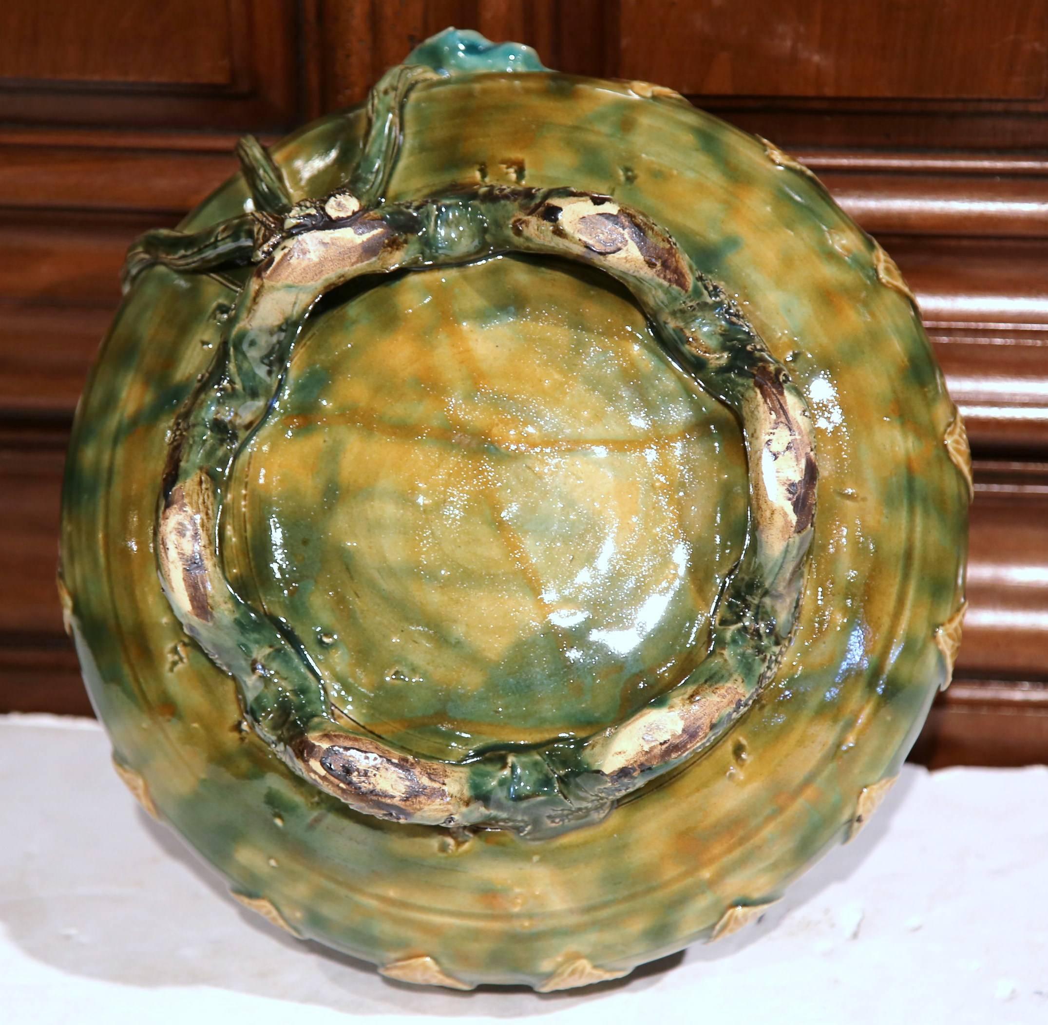 French Hand-Painted Barbotine Dish with Frogs, Flowers and Waterlily 2