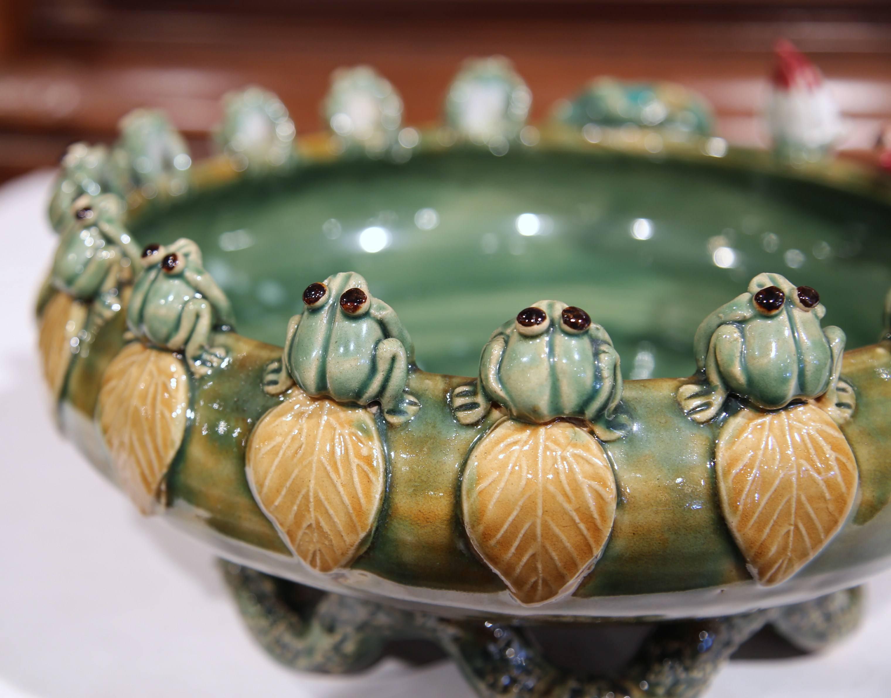 French Hand-Painted Barbotine Dish with Frogs, Flowers and Waterlily 1