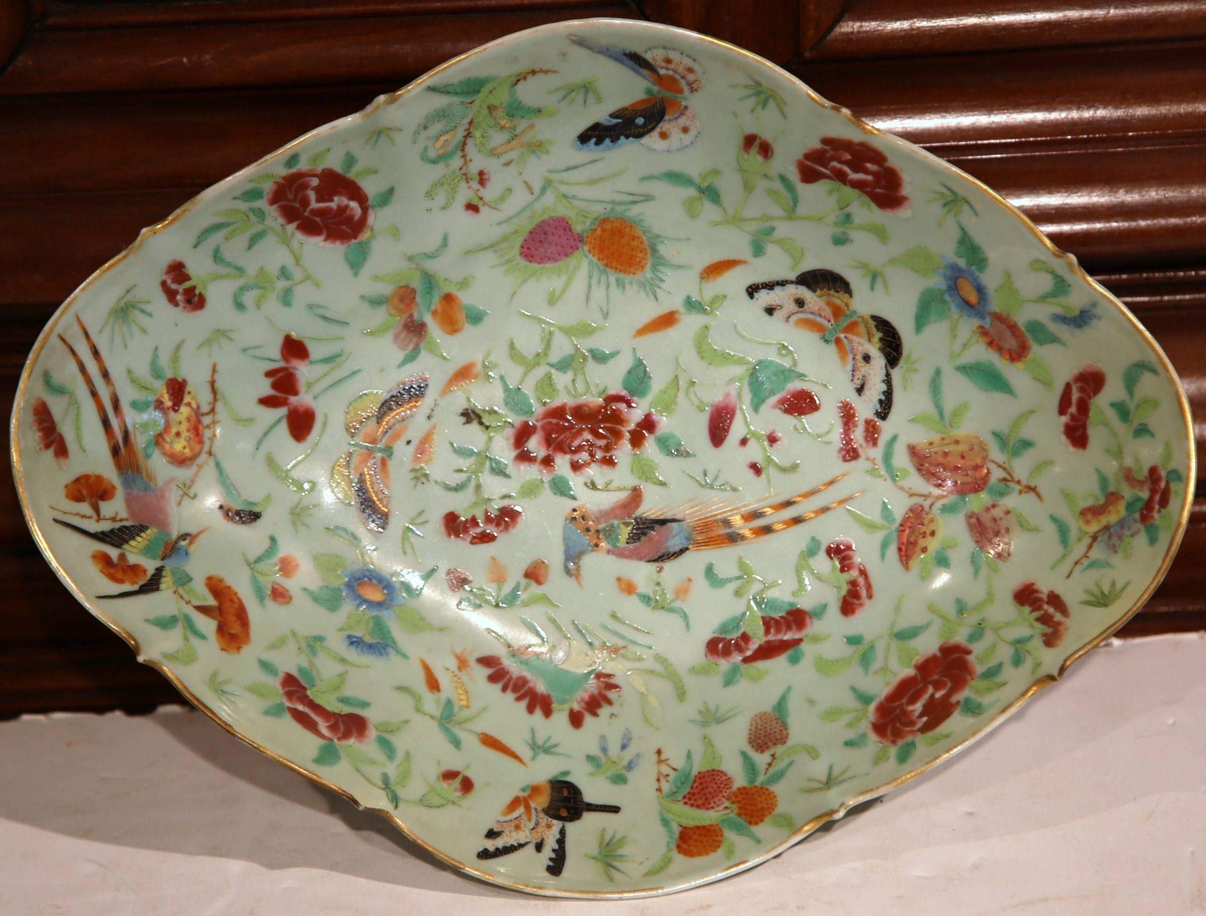 Gilt 19th Century Chinese Hand-Painted Porcelain Dish with Peacocks and Butterflies