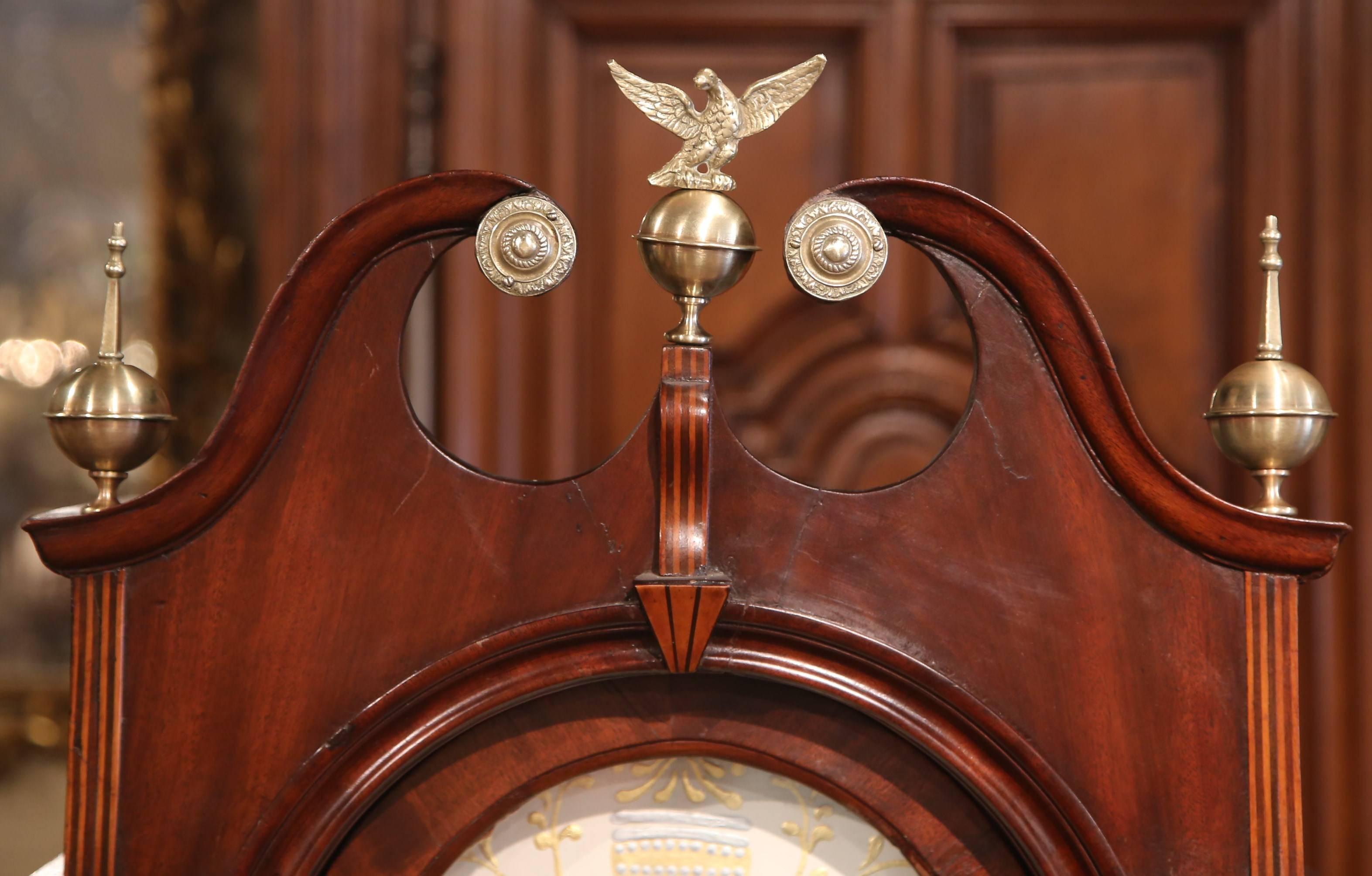 18th Century English Carved Mahogany Tall Case Clock with Brass Mounts In Excellent Condition In Dallas, TX