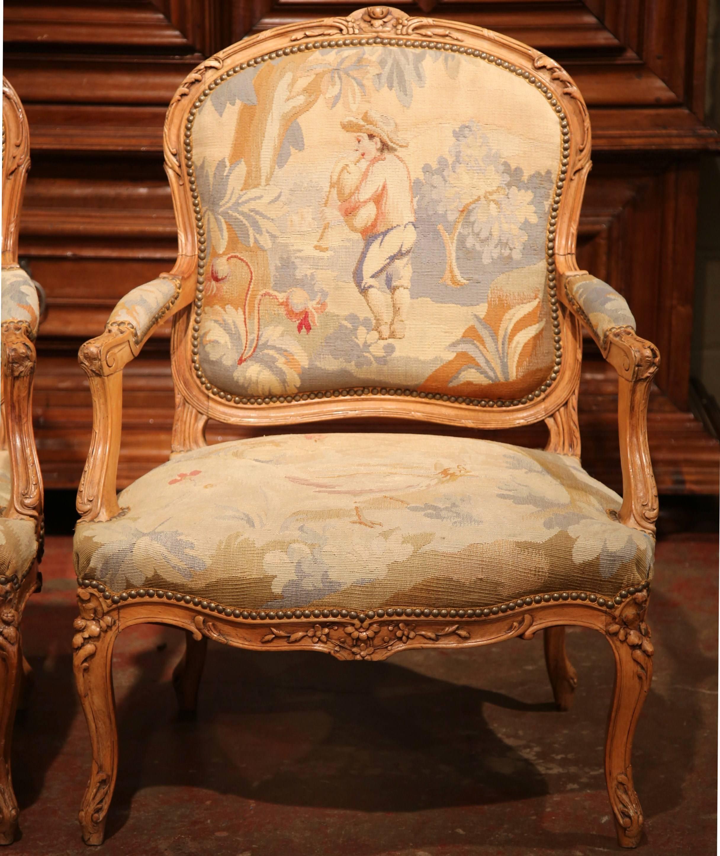 Hand-Carved Pair of 19th Century French Louis XV Carved Armchairs with Aubusson Tapestry
