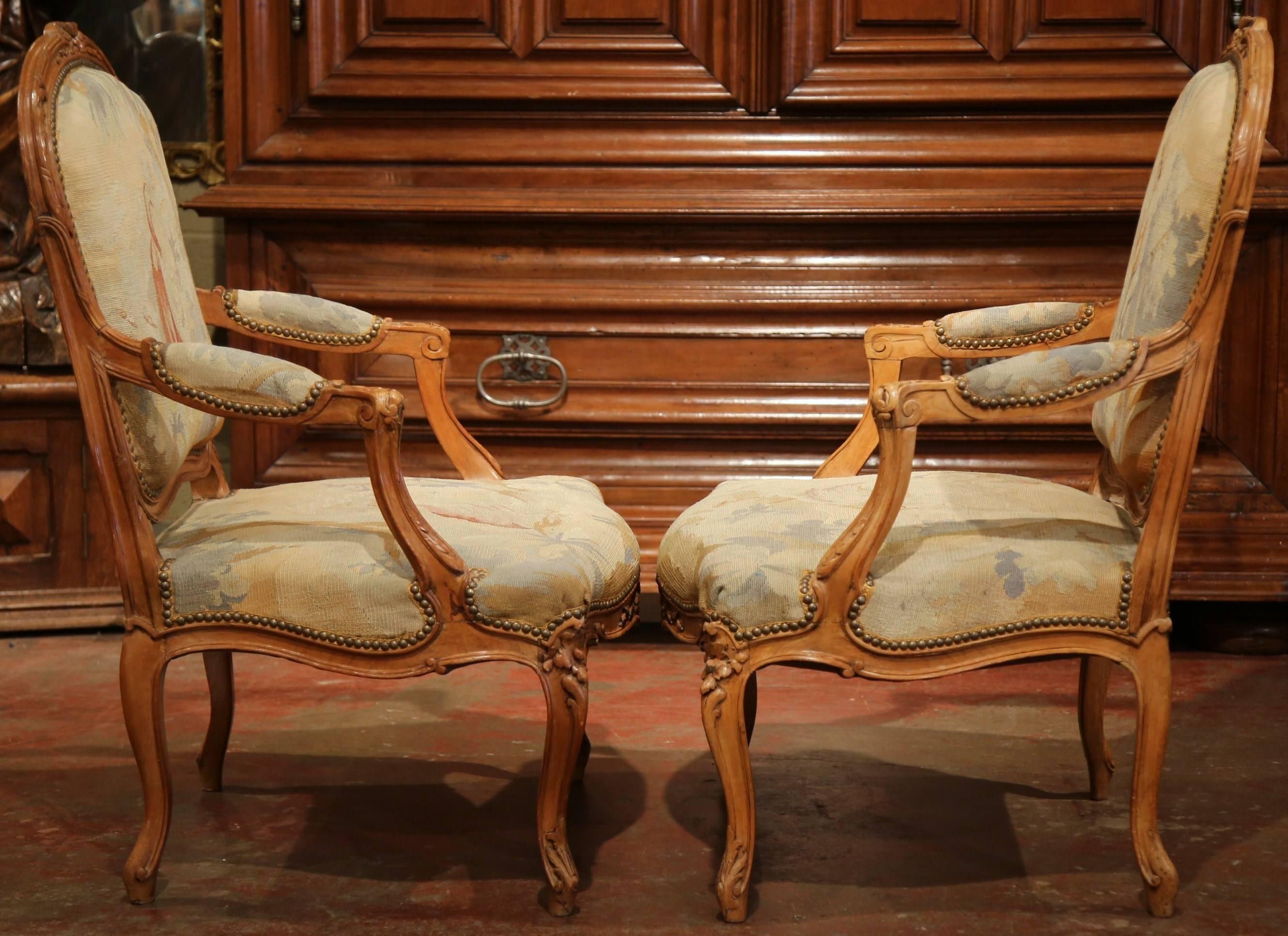 Pair of 19th Century French Louis XV Carved Armchairs with Aubusson Tapestry 2