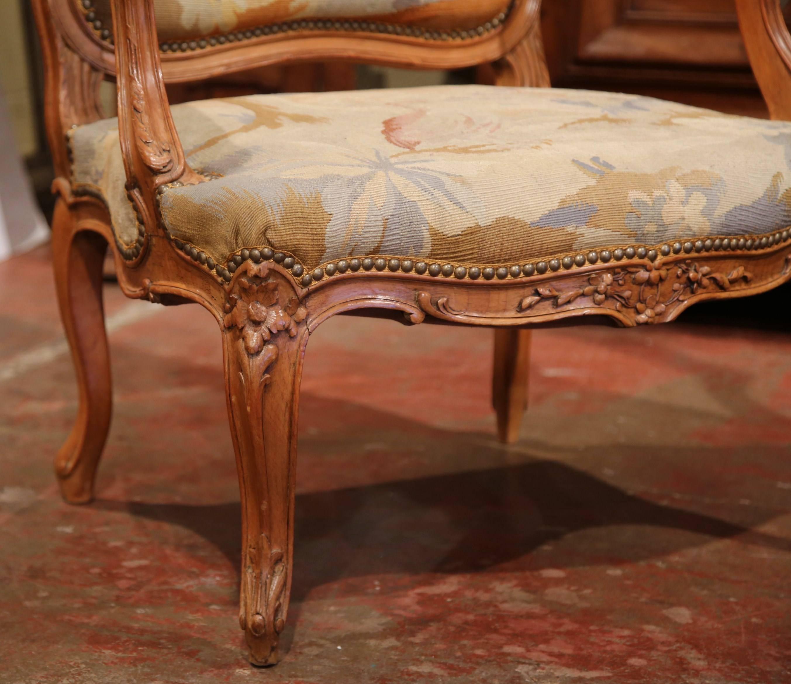 Pair of 19th Century French Louis XV Carved Armchairs with Aubusson Tapestry 3