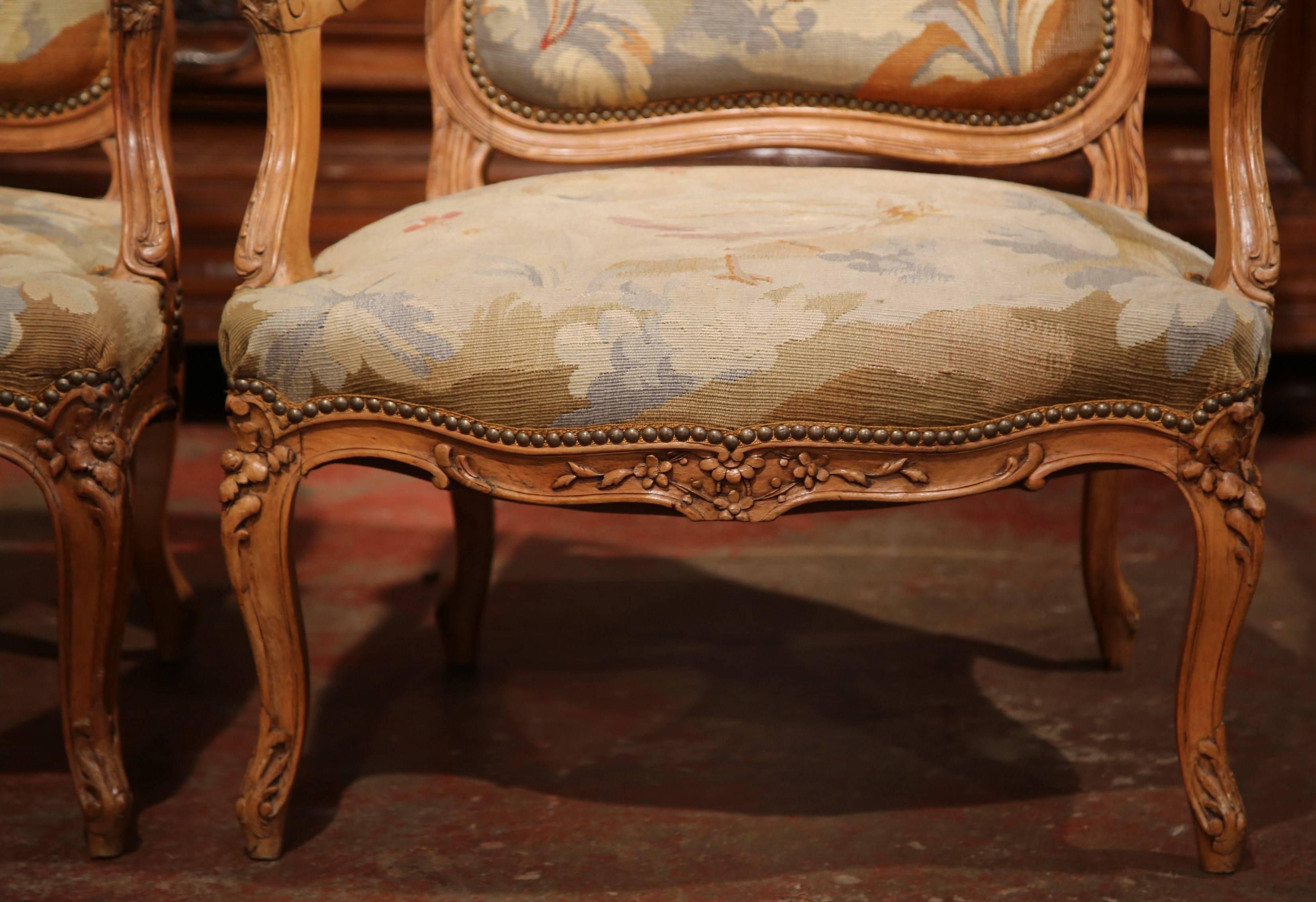 Pair of 19th Century French Louis XV Carved Armchairs with Aubusson Tapestry 4