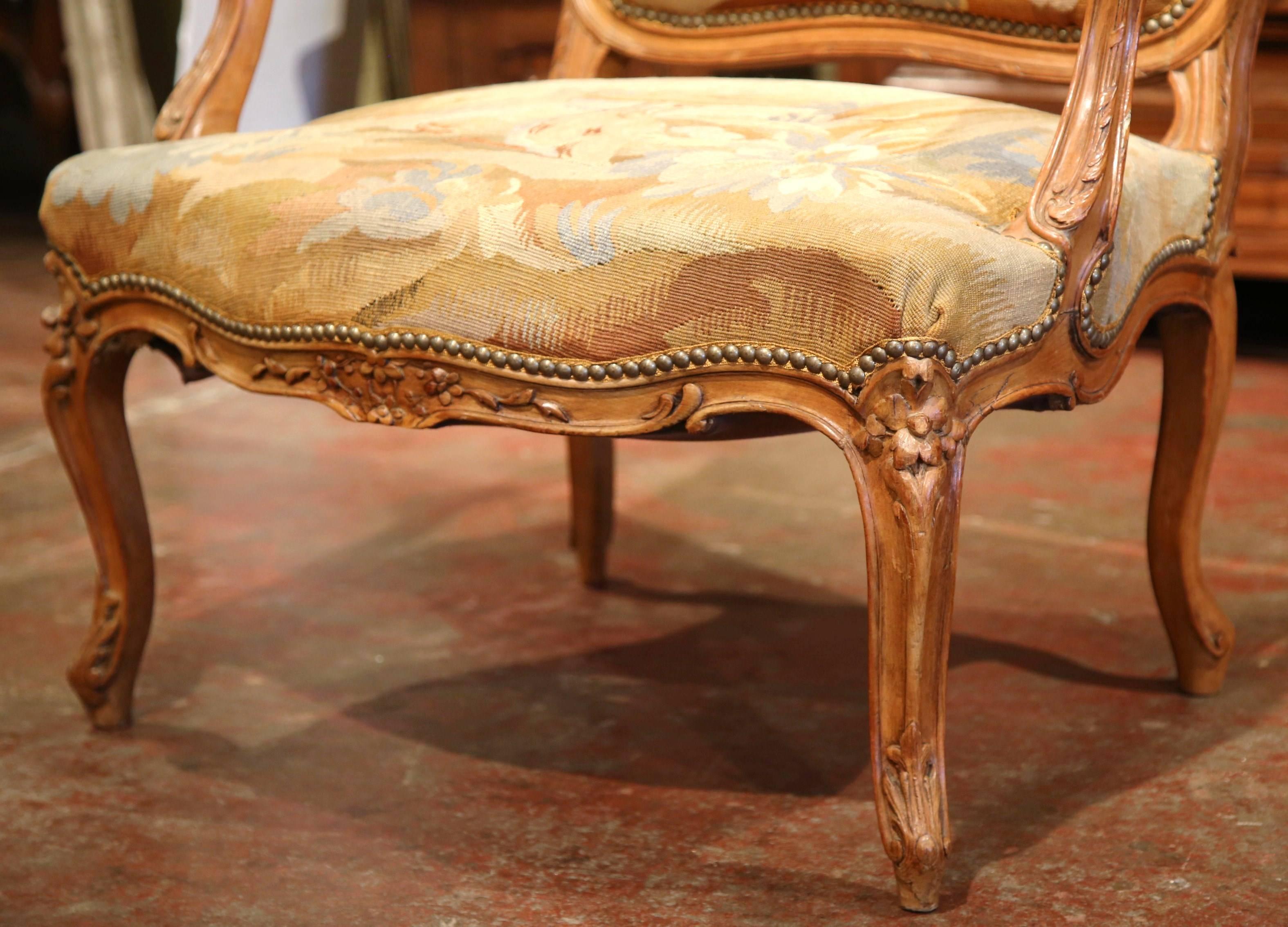 19th Century French Louis XV Carved Walnut Armchair with Aubusson Tapestry 3