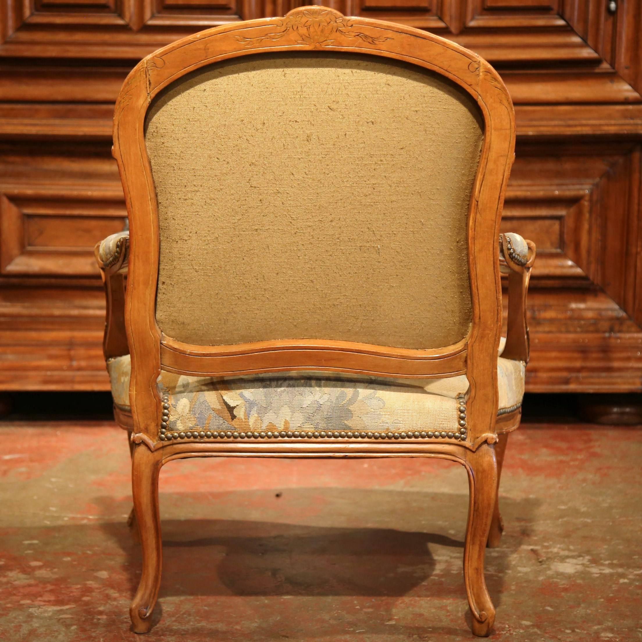 19th Century French Louis XV Carved Walnut Armchair with Aubusson Tapestry 6