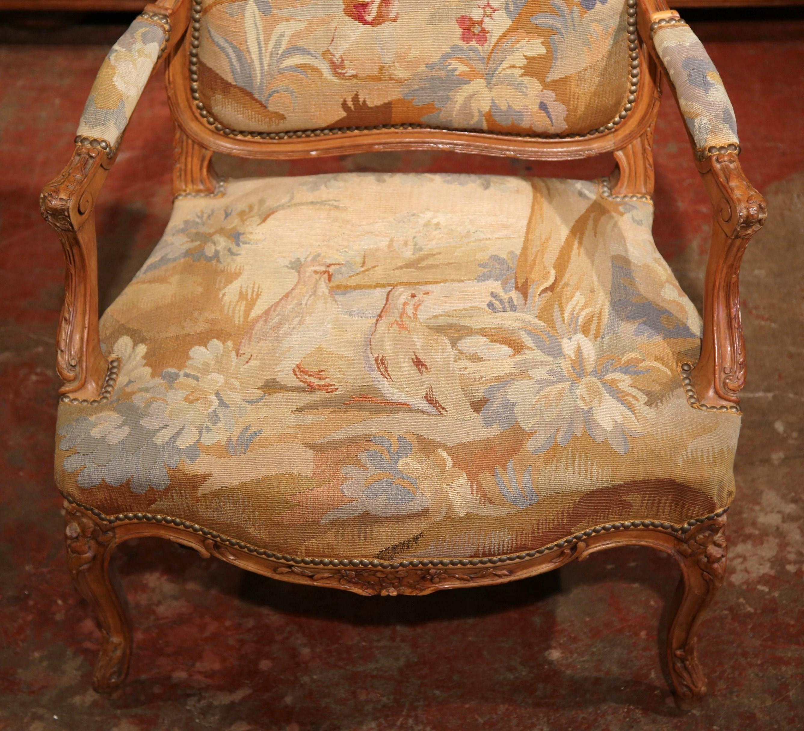 19th Century French Louis XV Carved Walnut Armchair with Aubusson Tapestry 4