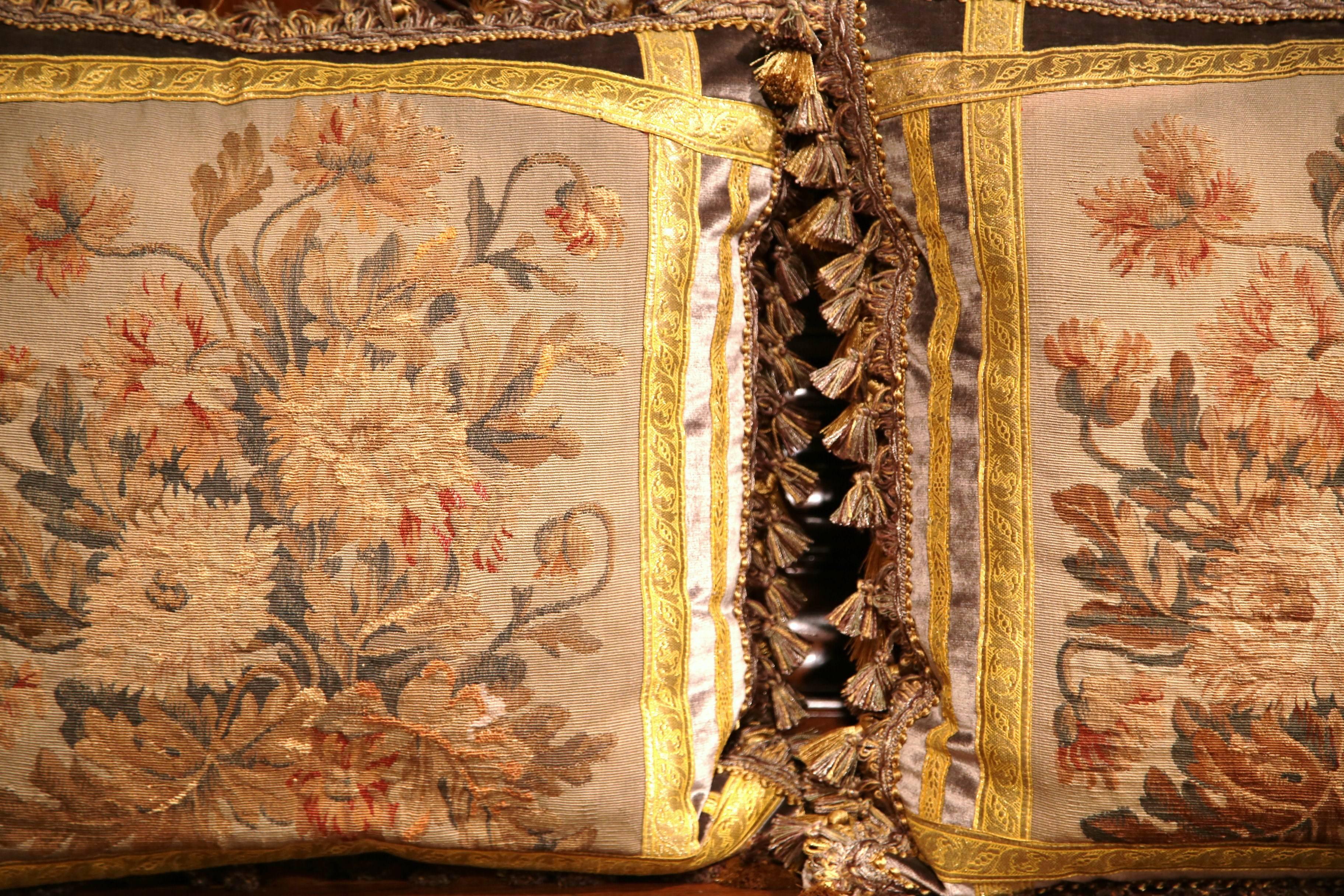 Pair of Pillows Made with 18th Century Aubusson Tapestry, Tassels and Gold Trims In Excellent Condition In Dallas, TX