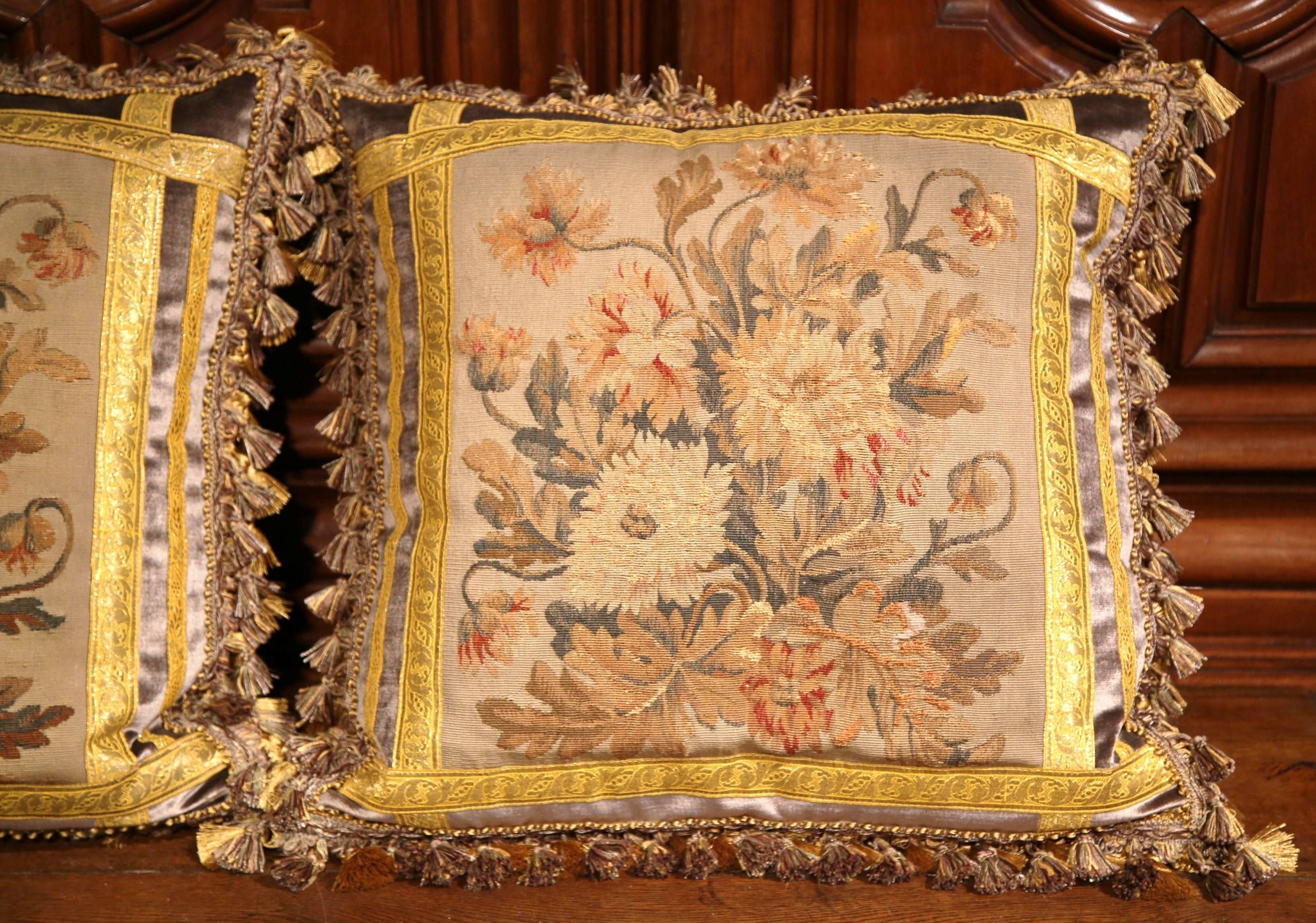 French Pair of Pillows Made with 18th Century Aubusson Tapestry, Tassels and Gold Trims