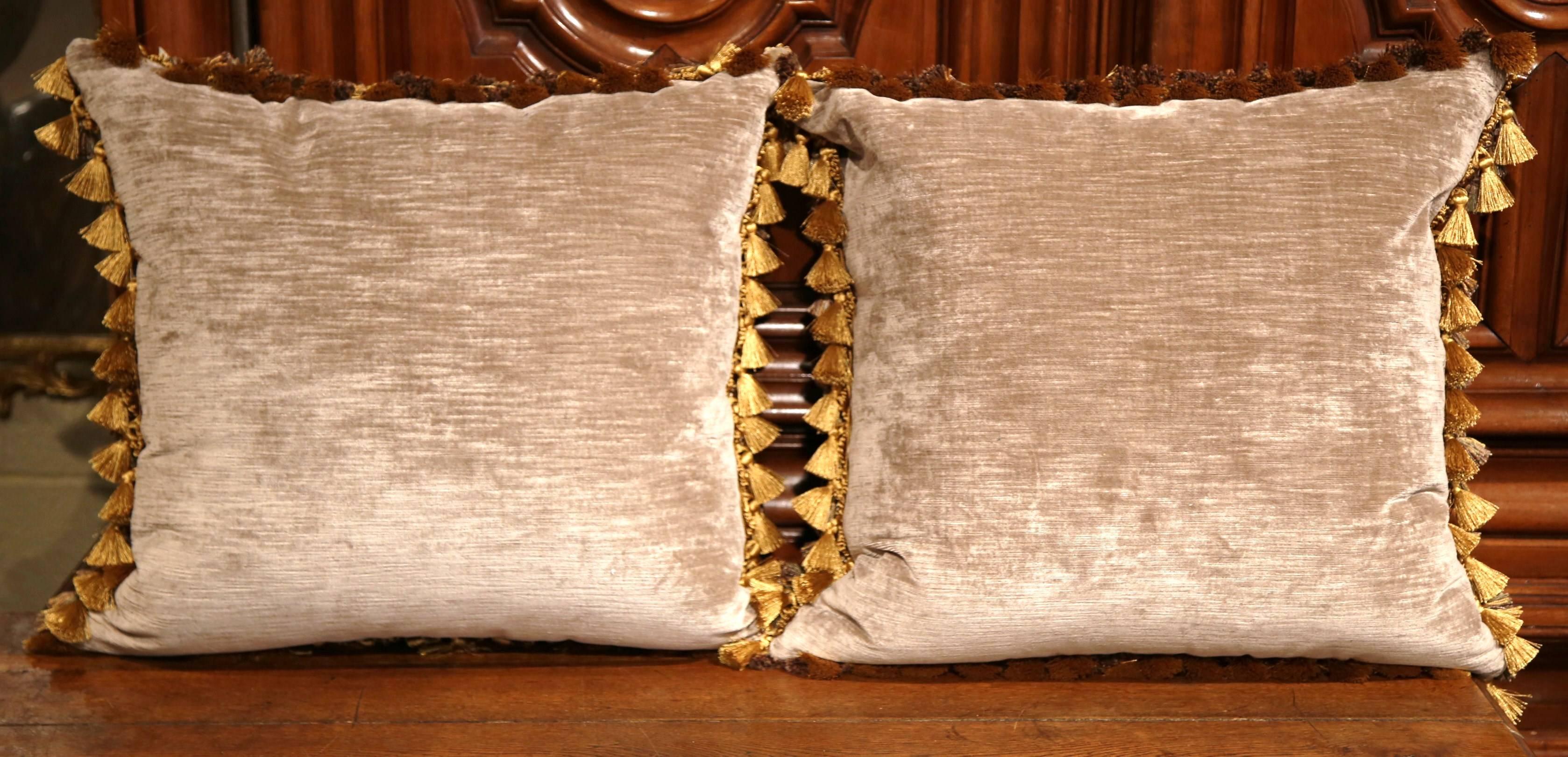 Pair of Pillows Made with 18th Century Aubusson Tapestry, Tassels and Gold Trims 1