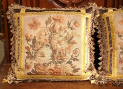 Pair of Pillows Made with 18th Century Aubusson Tapestry, Tassels and Gold Trims
