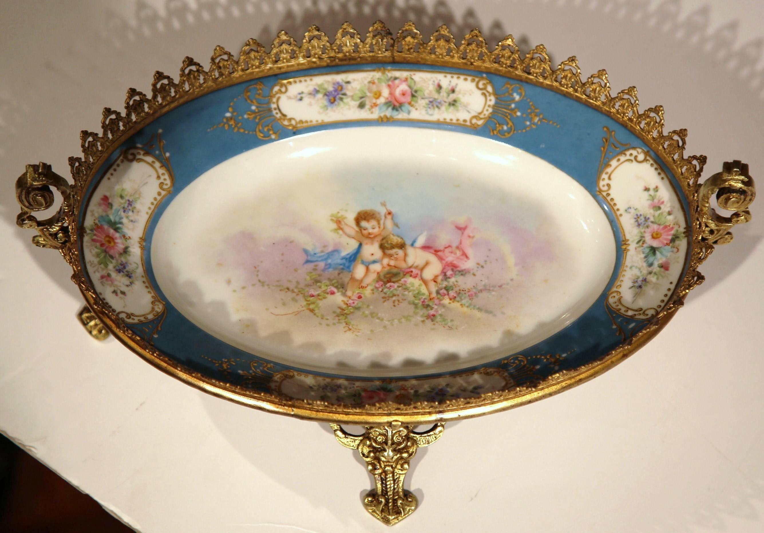 19th Century French Hand-Painted Oval Porcelain Sèvres Tray with Bronze Mounts 1