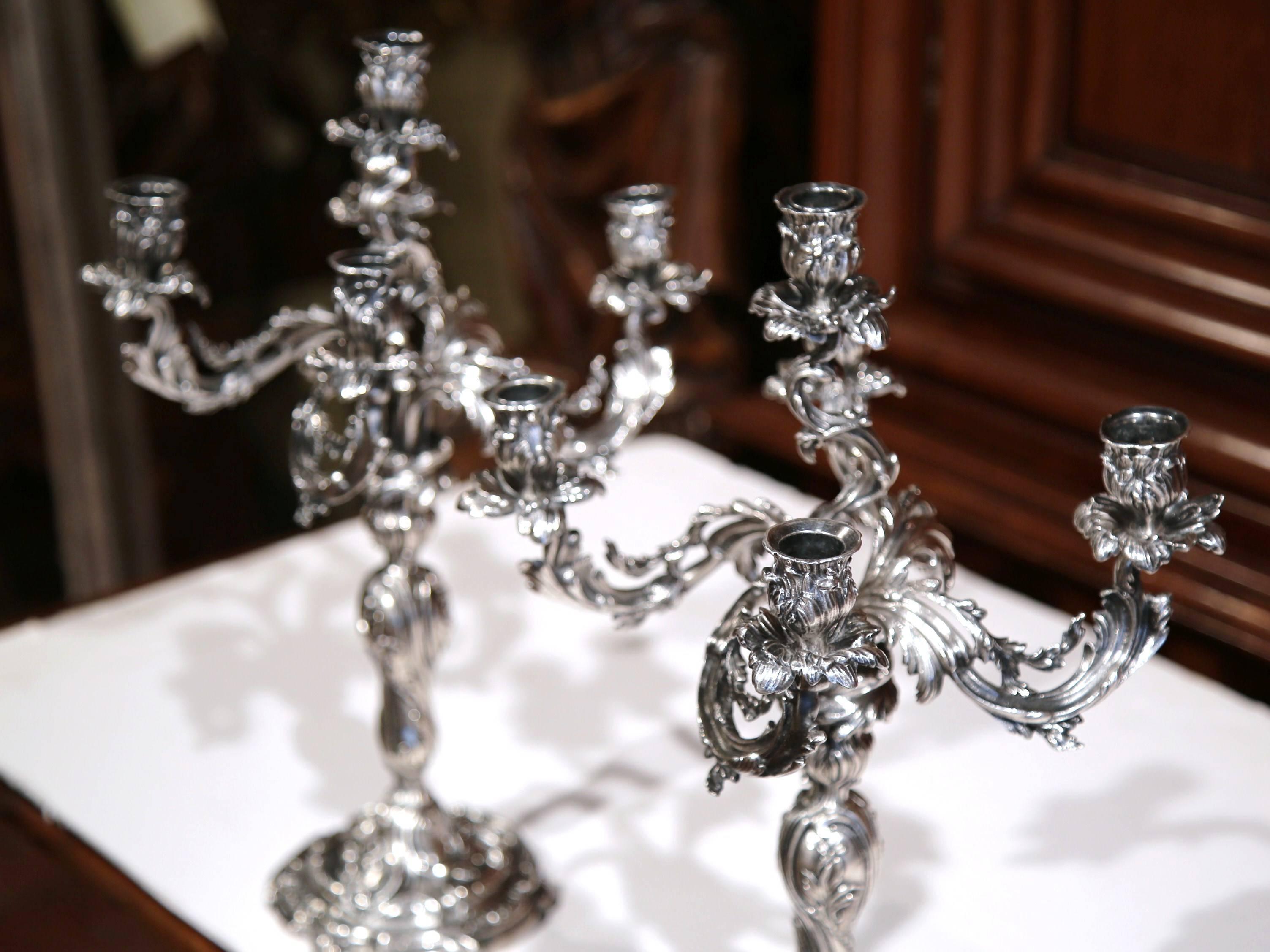 Hand-Crafted Pair of 19th Century French Louis XV Bronze Silvered Five-Arm Candelabras