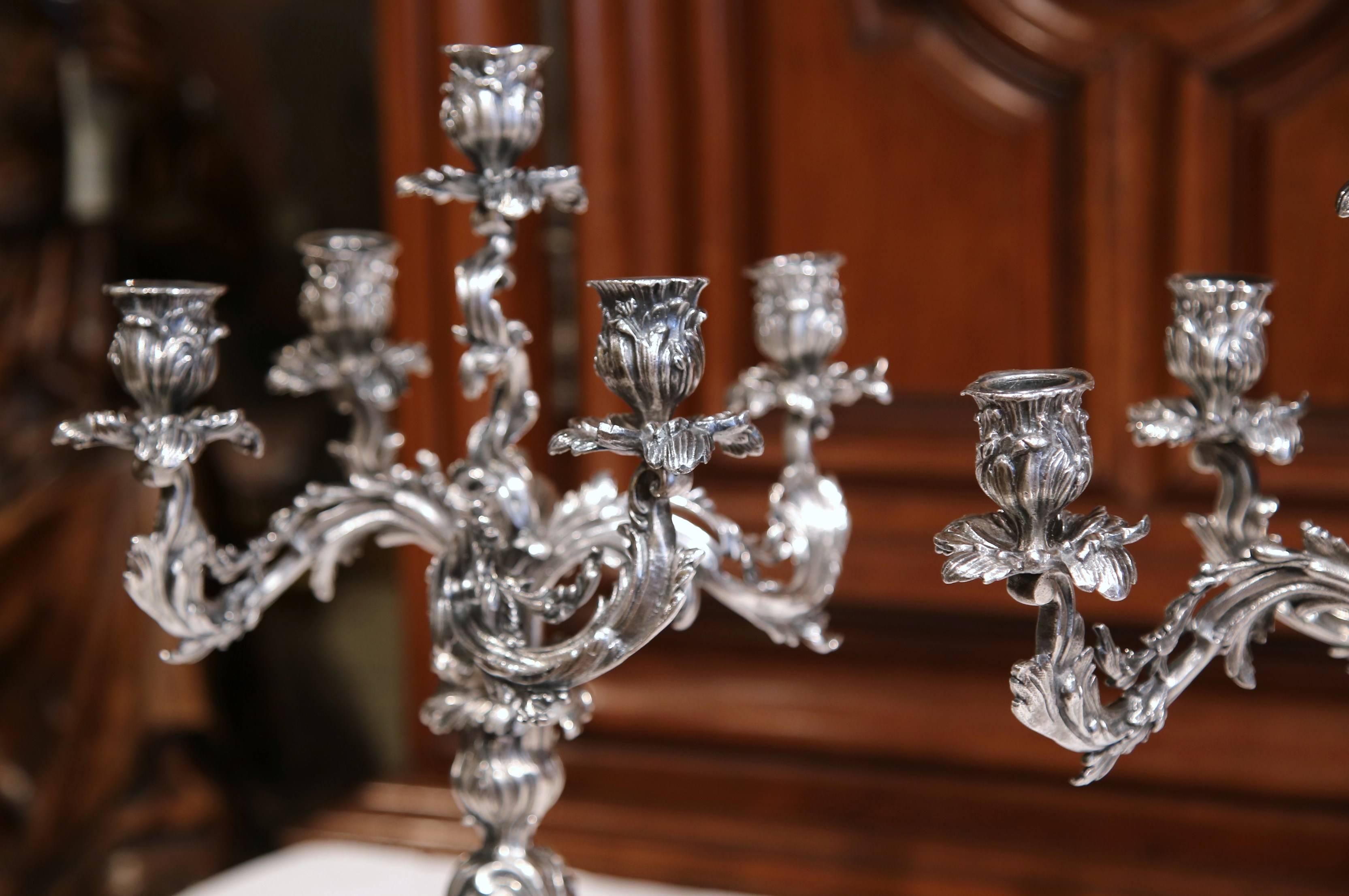 Pair of 19th Century French Louis XV Bronze Silvered Five-Arm Candelabras In Excellent Condition In Dallas, TX