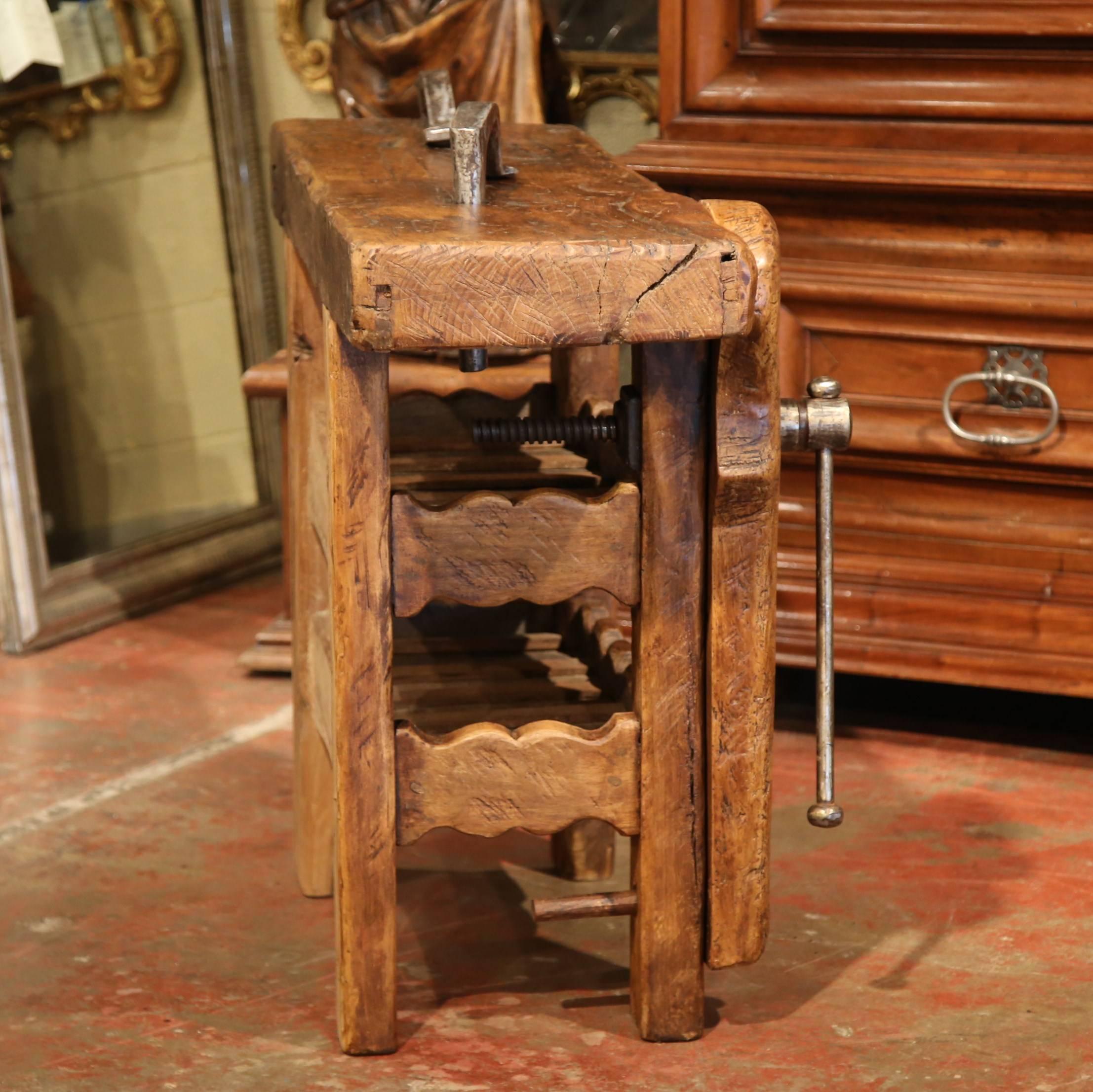 Wrought Iron 19th Century French Carpenter Press Table with Wine Bottle Storage Rack