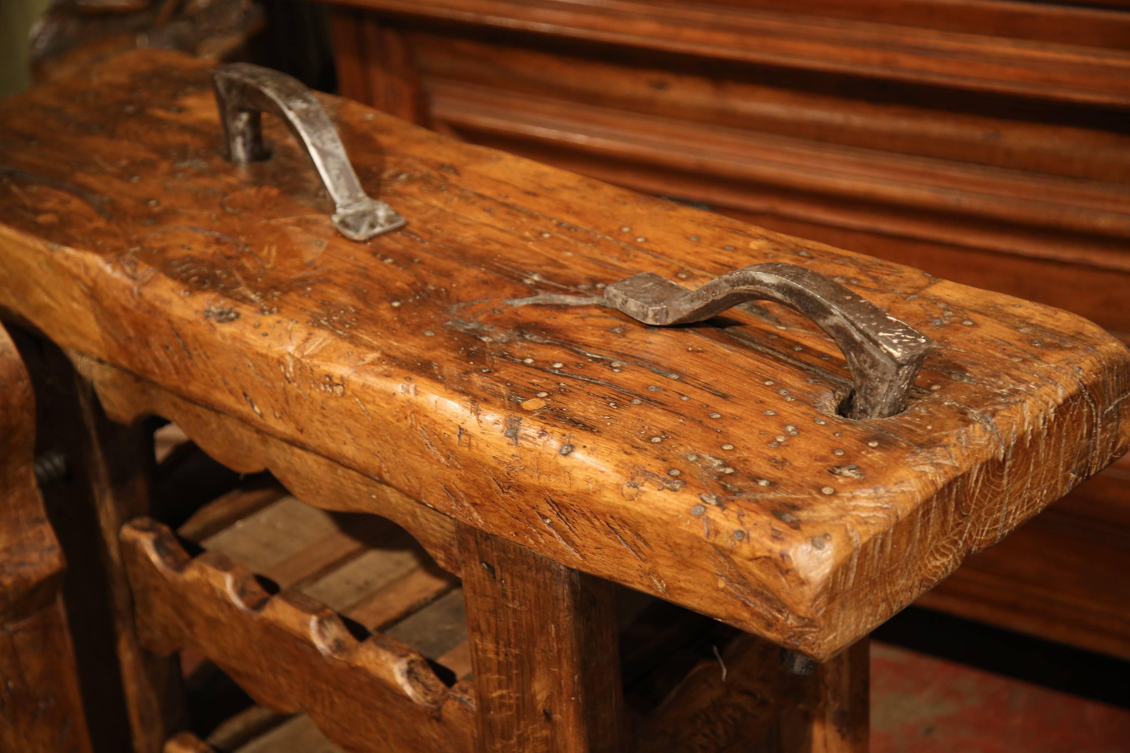 Rustic 19th Century French Carpenter Press Table with Wine Bottle Storage Rack