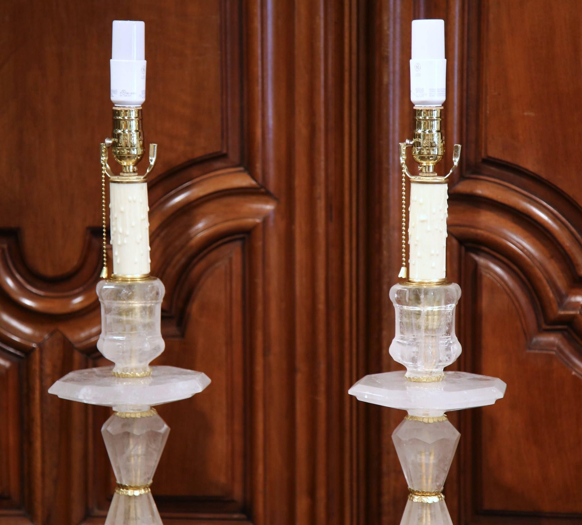 Tall Pair of Italian Hand-Cut Rock Crystal and Brass Mounts Table Lamp Bases In Excellent Condition In Dallas, TX