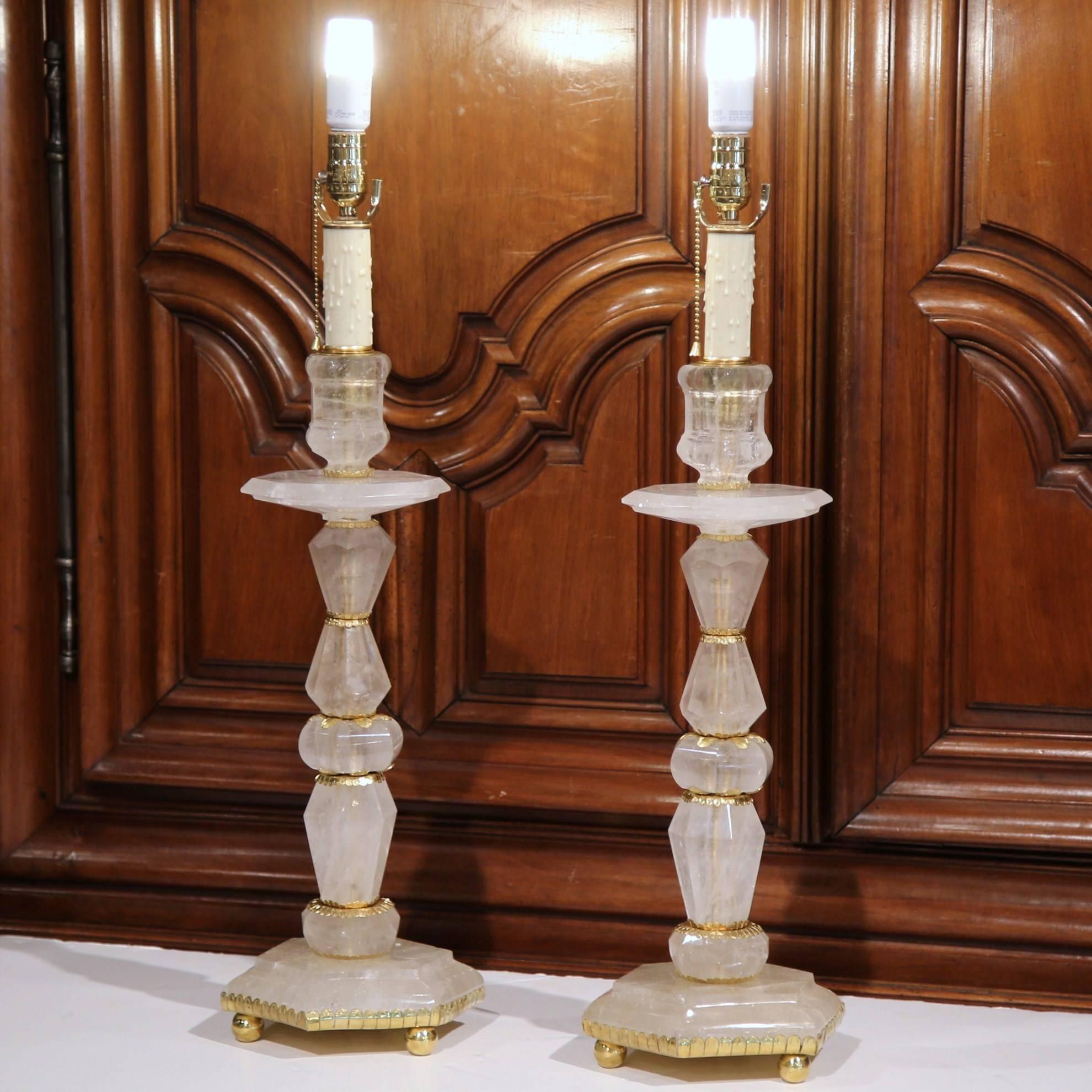 Contemporary Tall Pair of Italian Hand-Cut Rock Crystal and Brass Mounts Table Lamp Bases