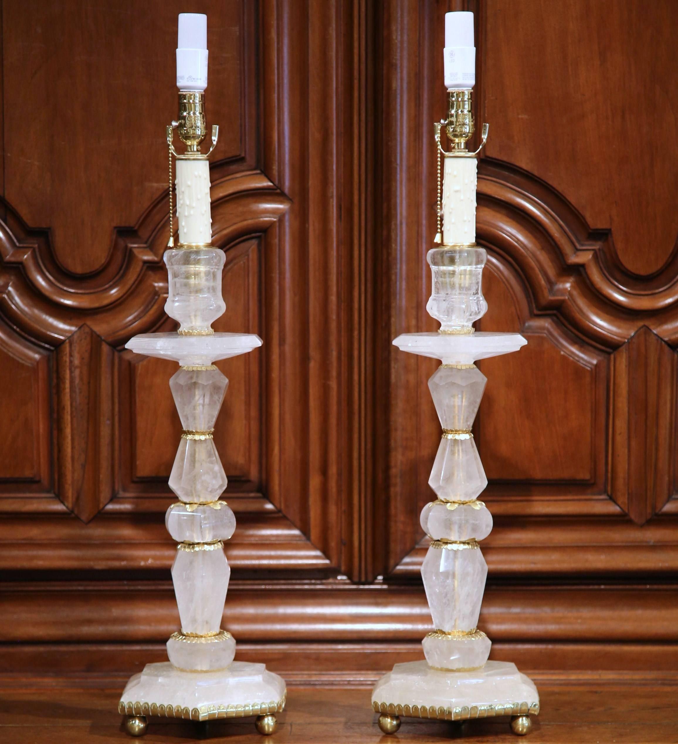 Hand-Crafted Tall Pair of Italian Hand-Cut Rock Crystal and Brass Mounts Table Lamp Bases