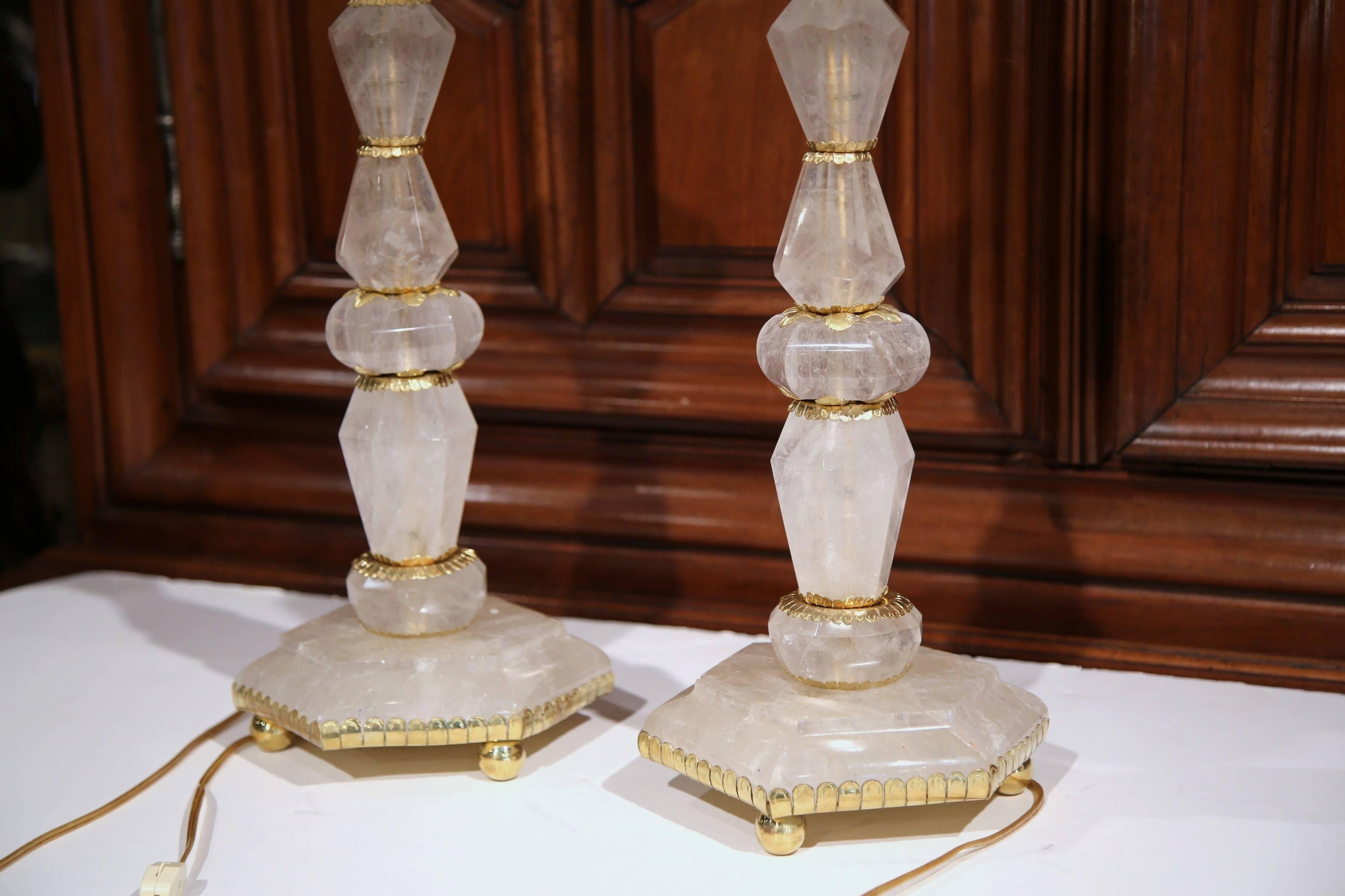 Tall Pair of Italian Hand-Cut Rock Crystal and Brass Mounts Table Lamp Bases 1